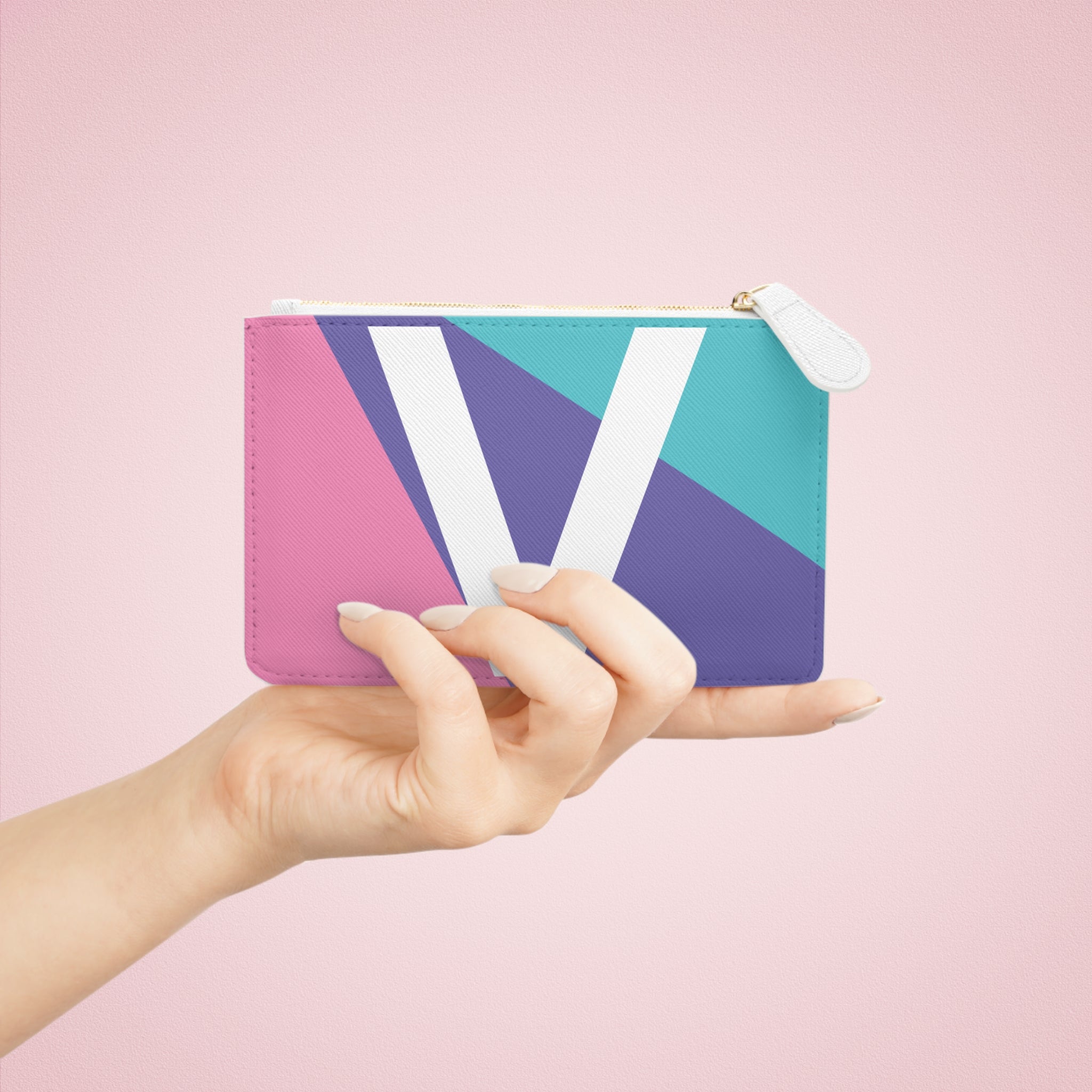 Initial V Mini Clutch — Colorblock Monogram Wristlet Wallet