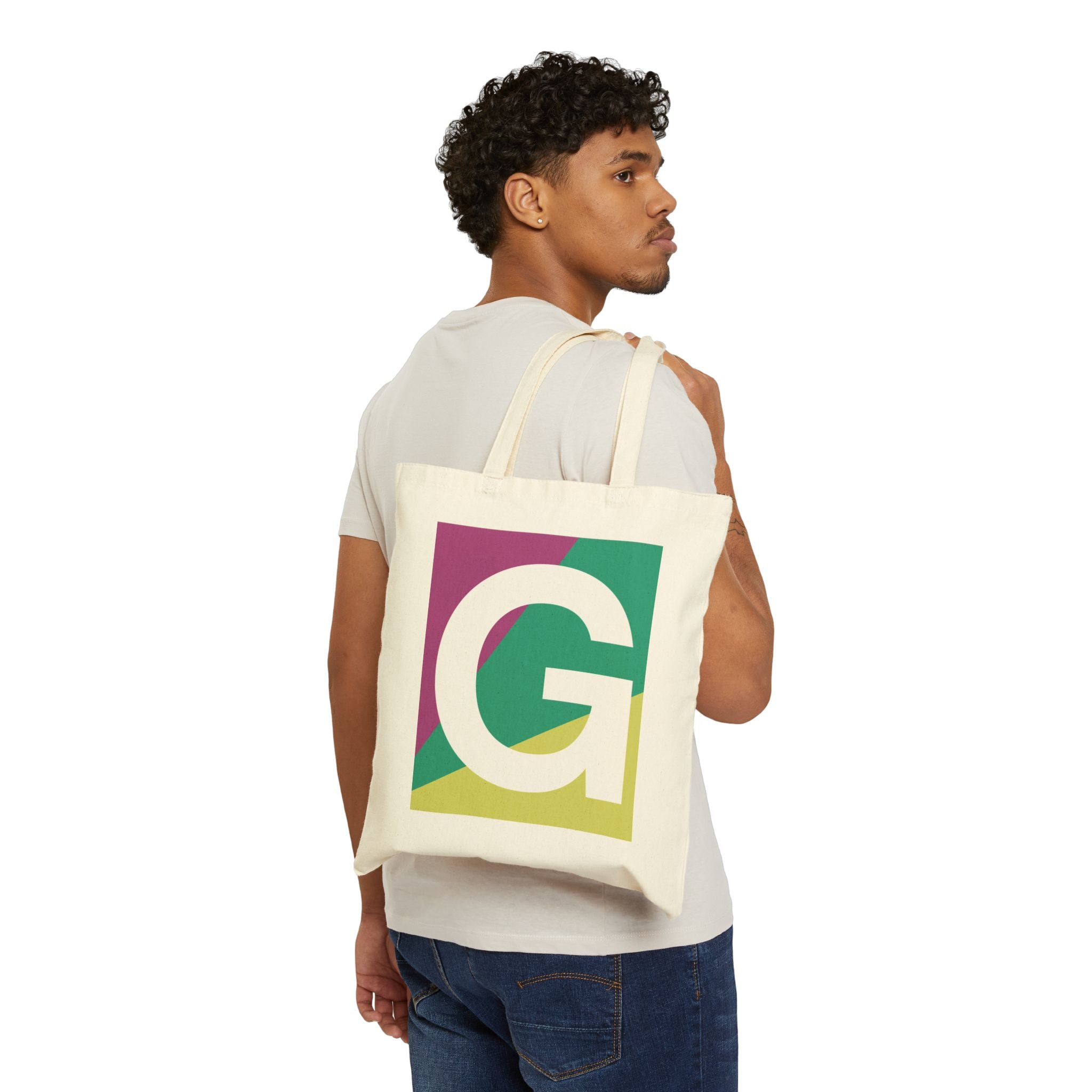 Initial G Colorblock Canvas Tote Bag — Monogram Letter G Reusable Grocery Tote
