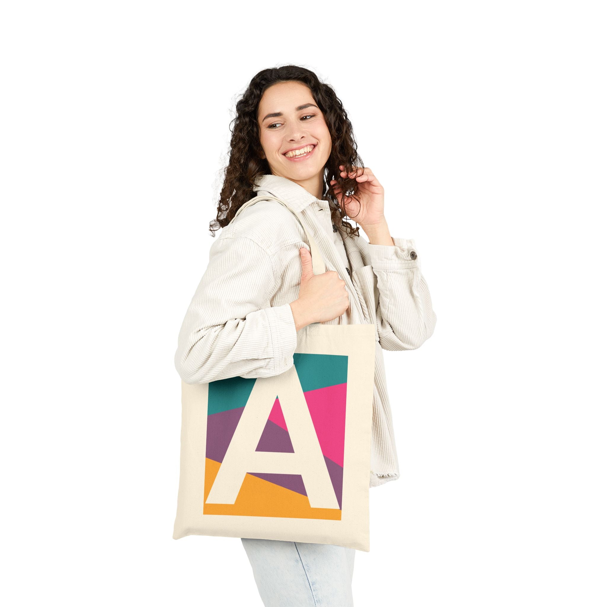 Initial A Colorblock Canvas Tote Bag — Monogram Letter A Reusable Grocery Tote