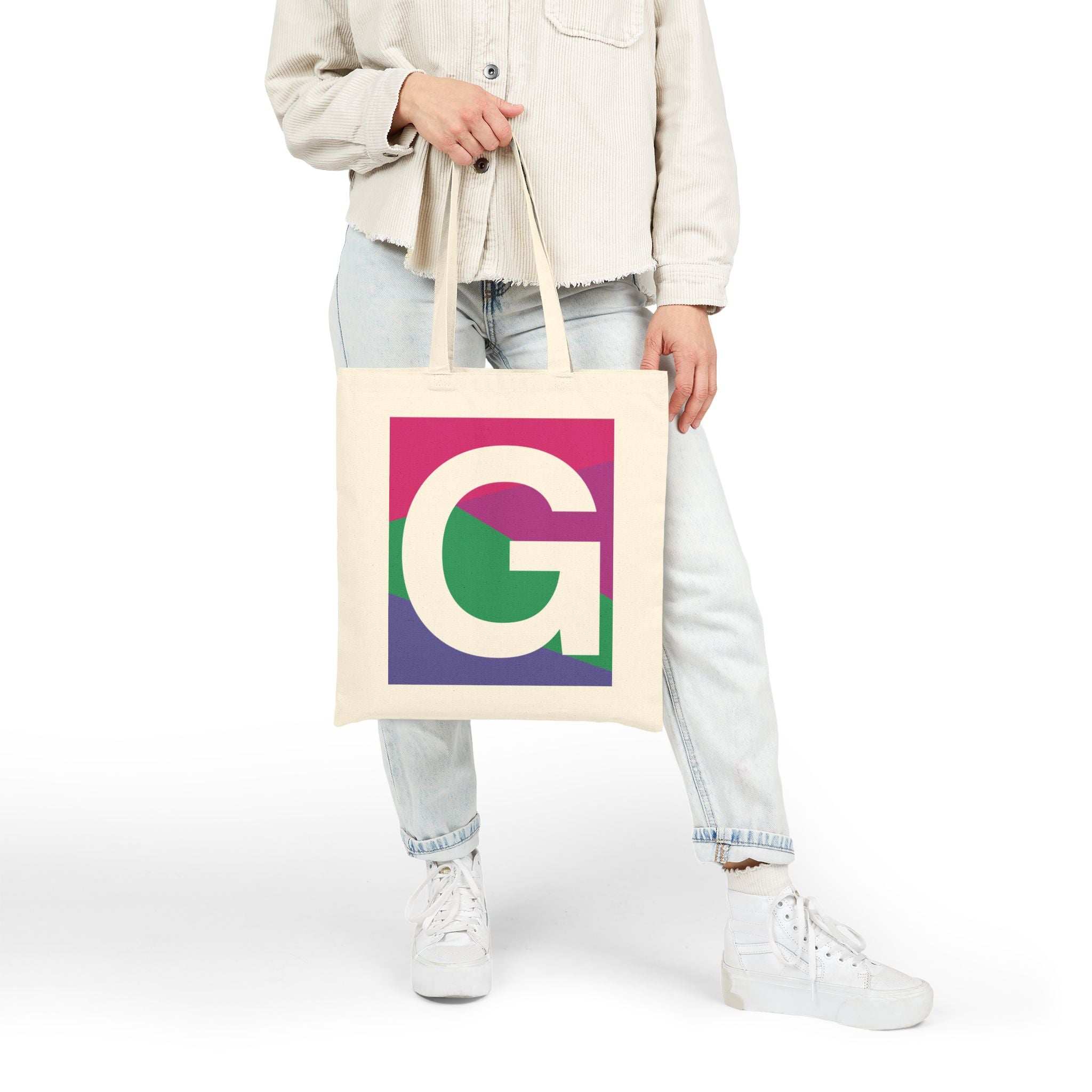 Initial G Colorblock Canvas Tote Bag — Monogram Letter G Reusable Grocery Tote