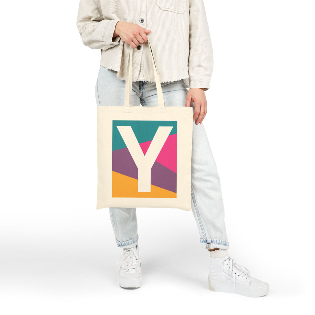 Initial Y Colorblock Canvas Tote Bag — Monogram Letter Y Reusable Grocery Tote