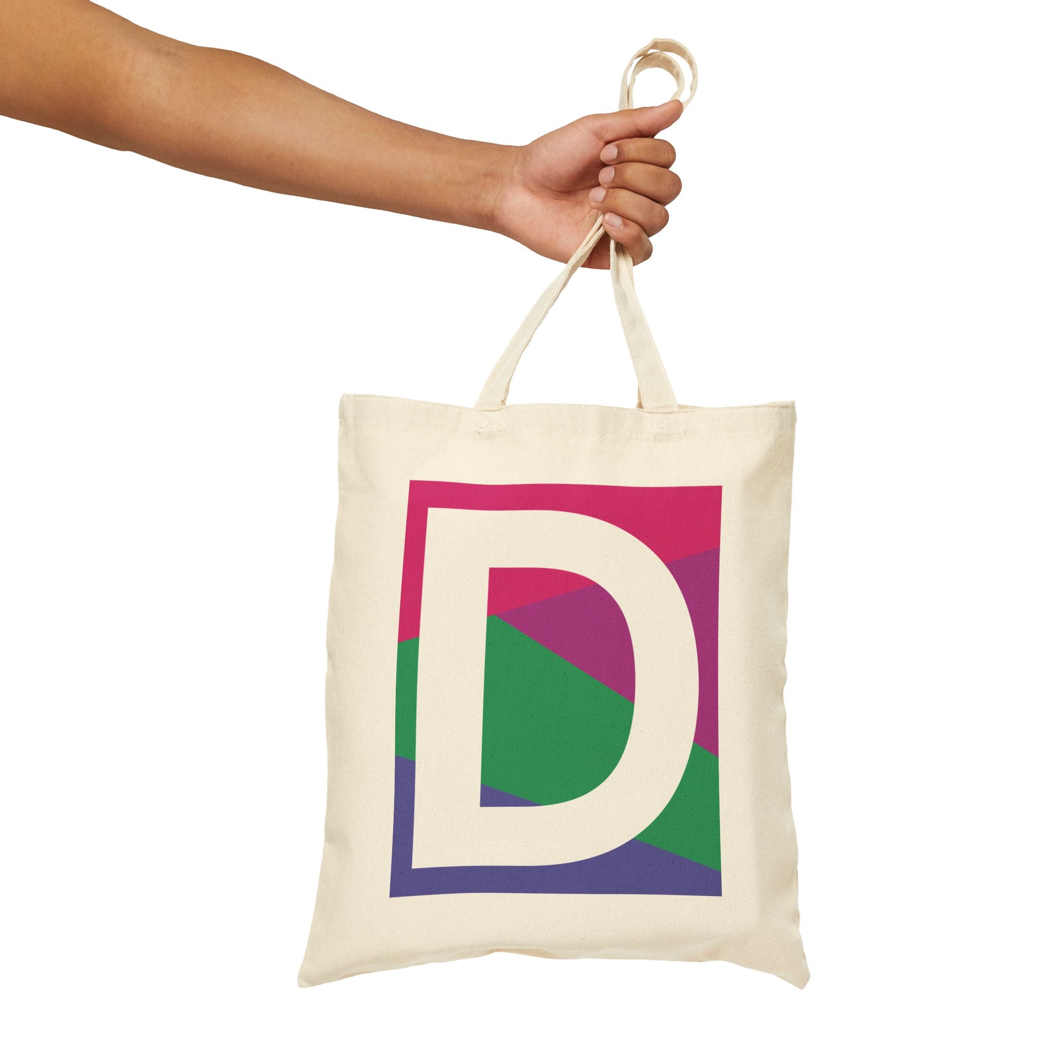 Initial D Colorblock Canvas Tote Bag — Monogram Letter D Reusable Grocery Tote