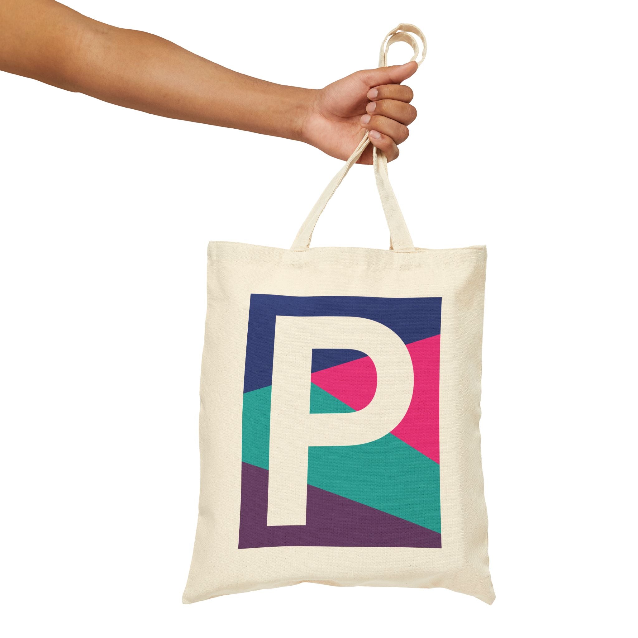 Initial P Colorblock Canvas Tote Bag — Monogram Letter P Reusable Grocery Tote