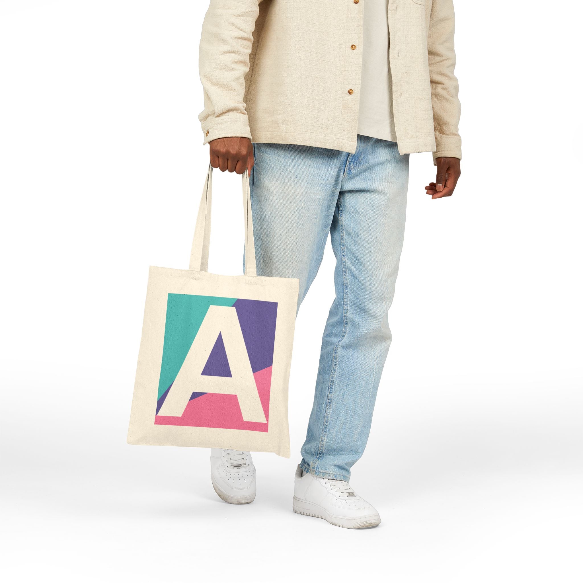 Initial A Colorblock Canvas Tote Bag — Monogram Letter A Reusable Grocery Tote
