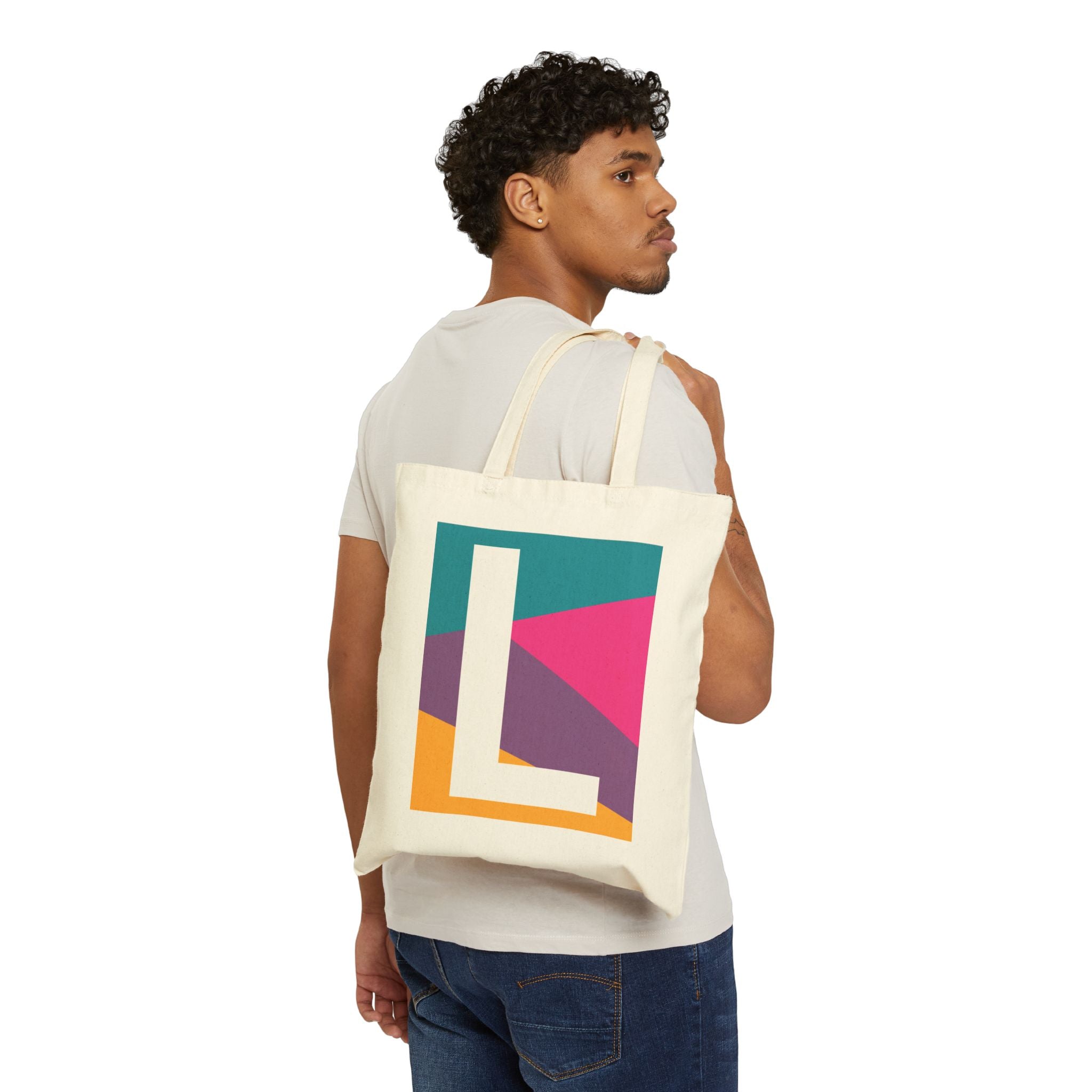 Initial L Colorblock Canvas Tote Bag — Monogram Letter L Reusable Grocery Tote