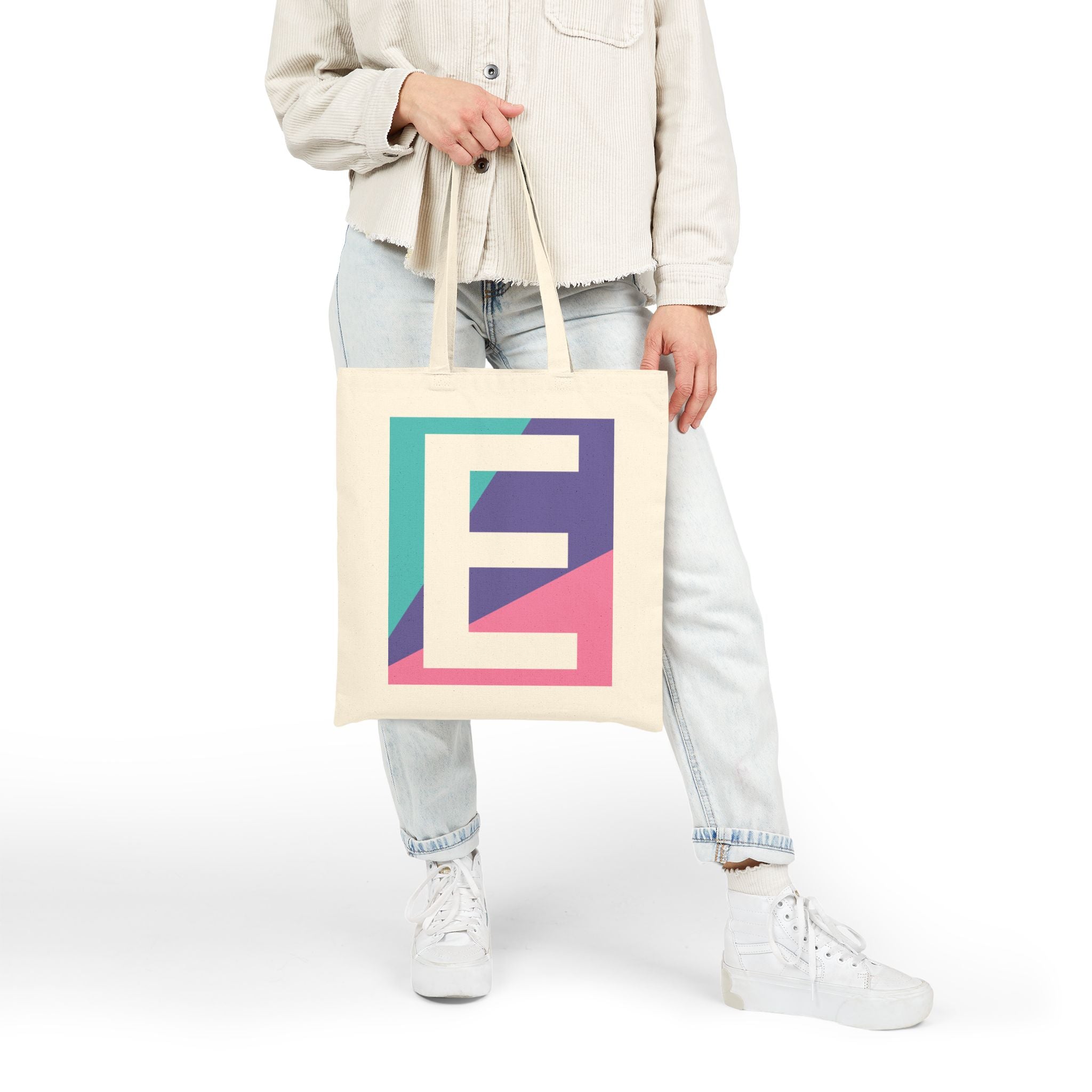 Initial E Colorblock Canvas Tote Bag — Monogram Letter E Reusable Grocery Tote