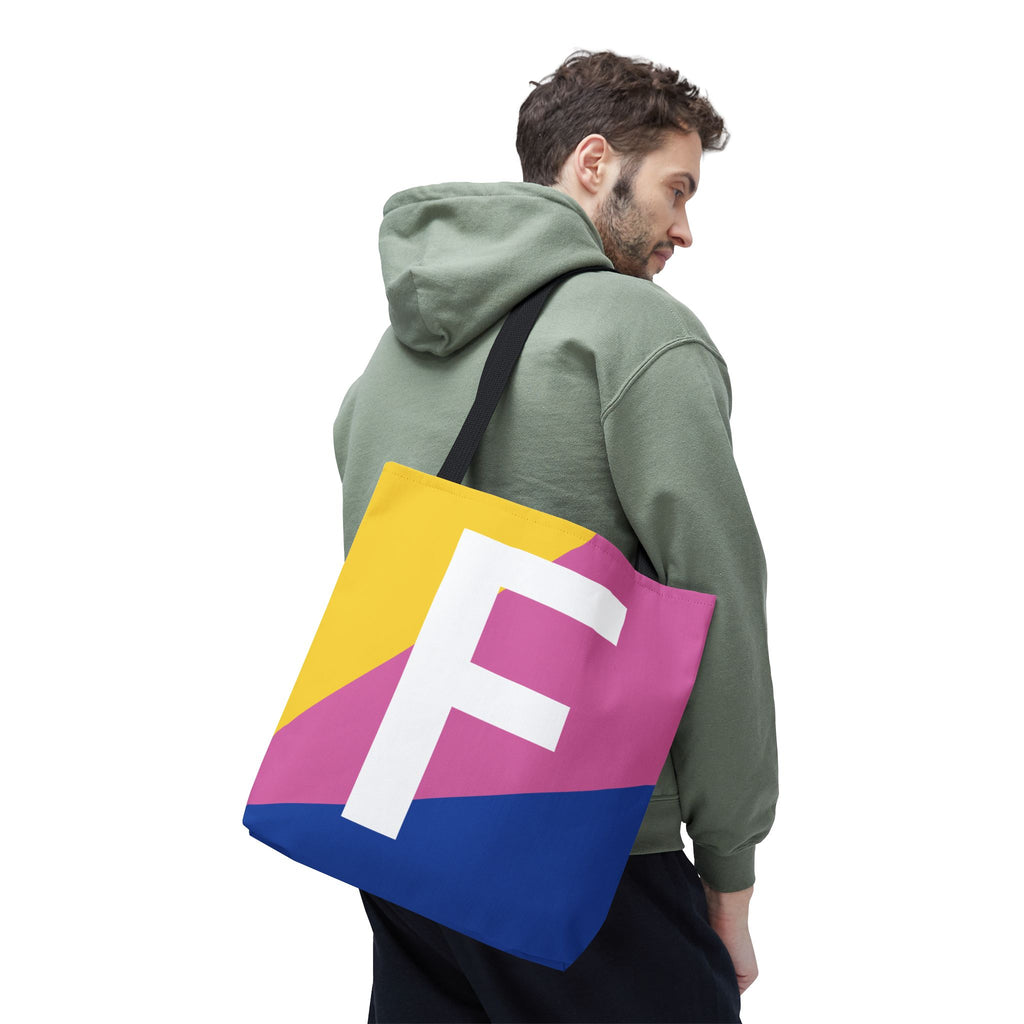 Monogram 'F' Colorblock Tote Bag — Personalized Initial F Shoulder Tote