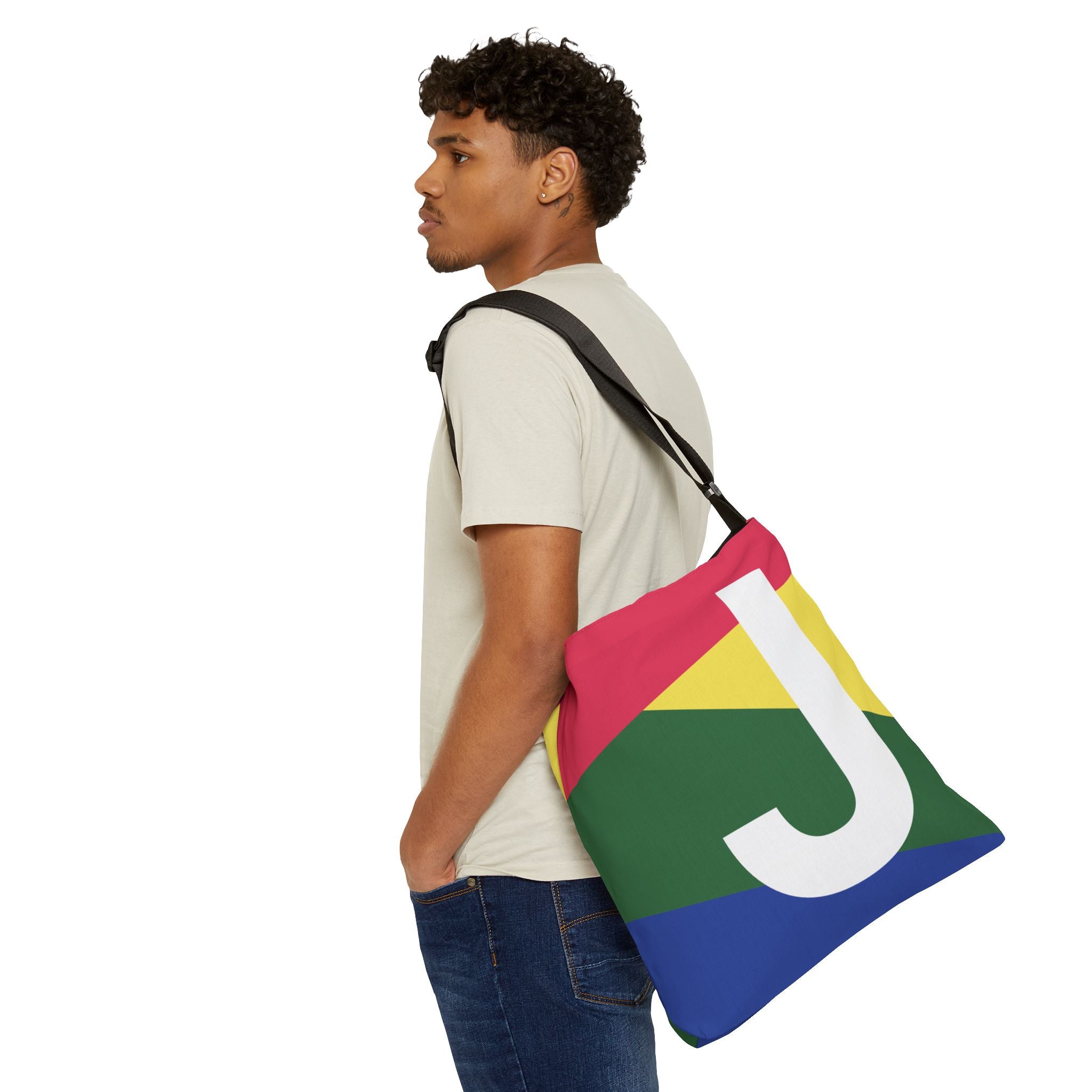 Initial Letter 'J' Colorblock Adjustable Tote Bag — Monogram Alphabet Shoulder Bag