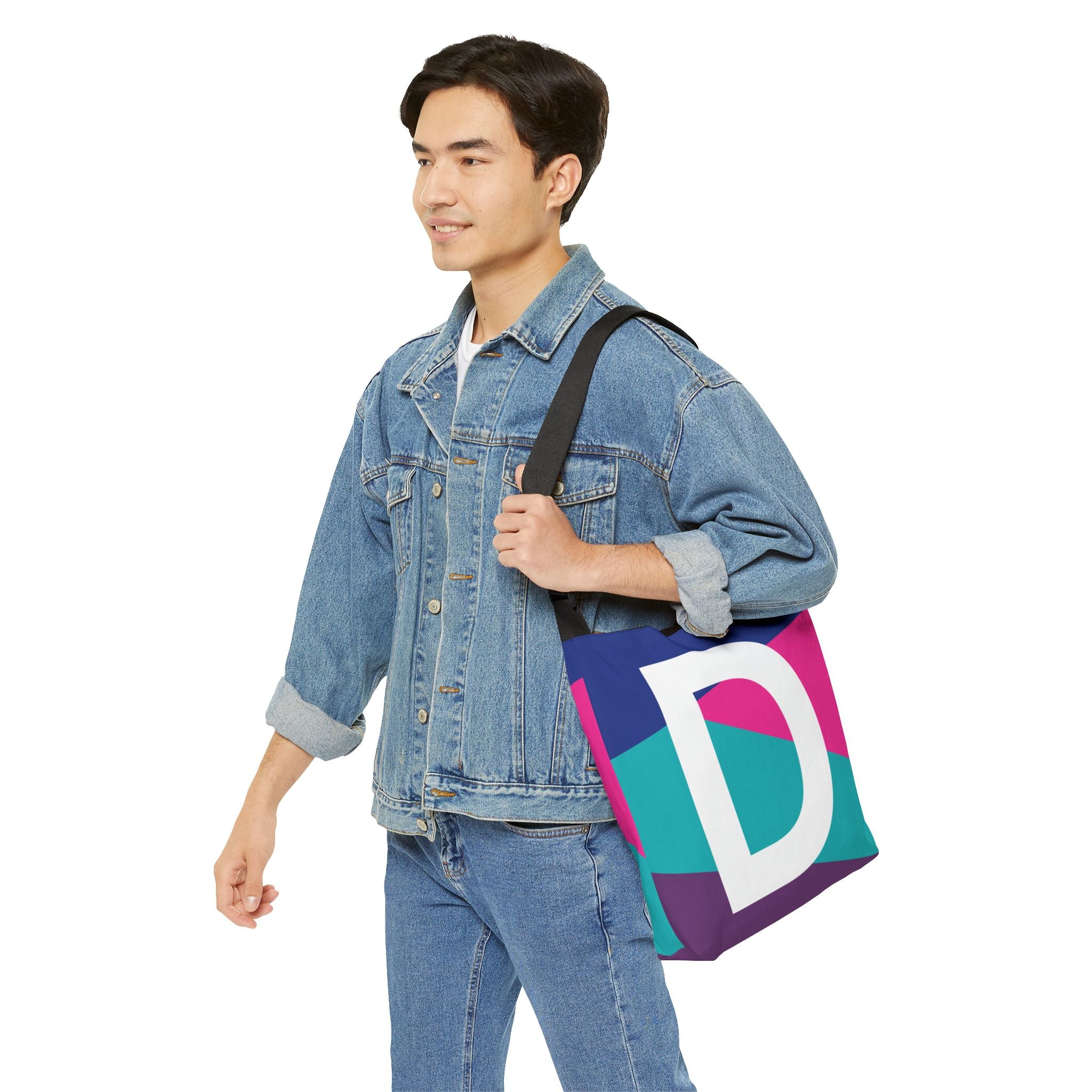 Initial Letter 'D' Colorblock Adjustable Tote Bag — Monogram Alphabet Shoulder Bag