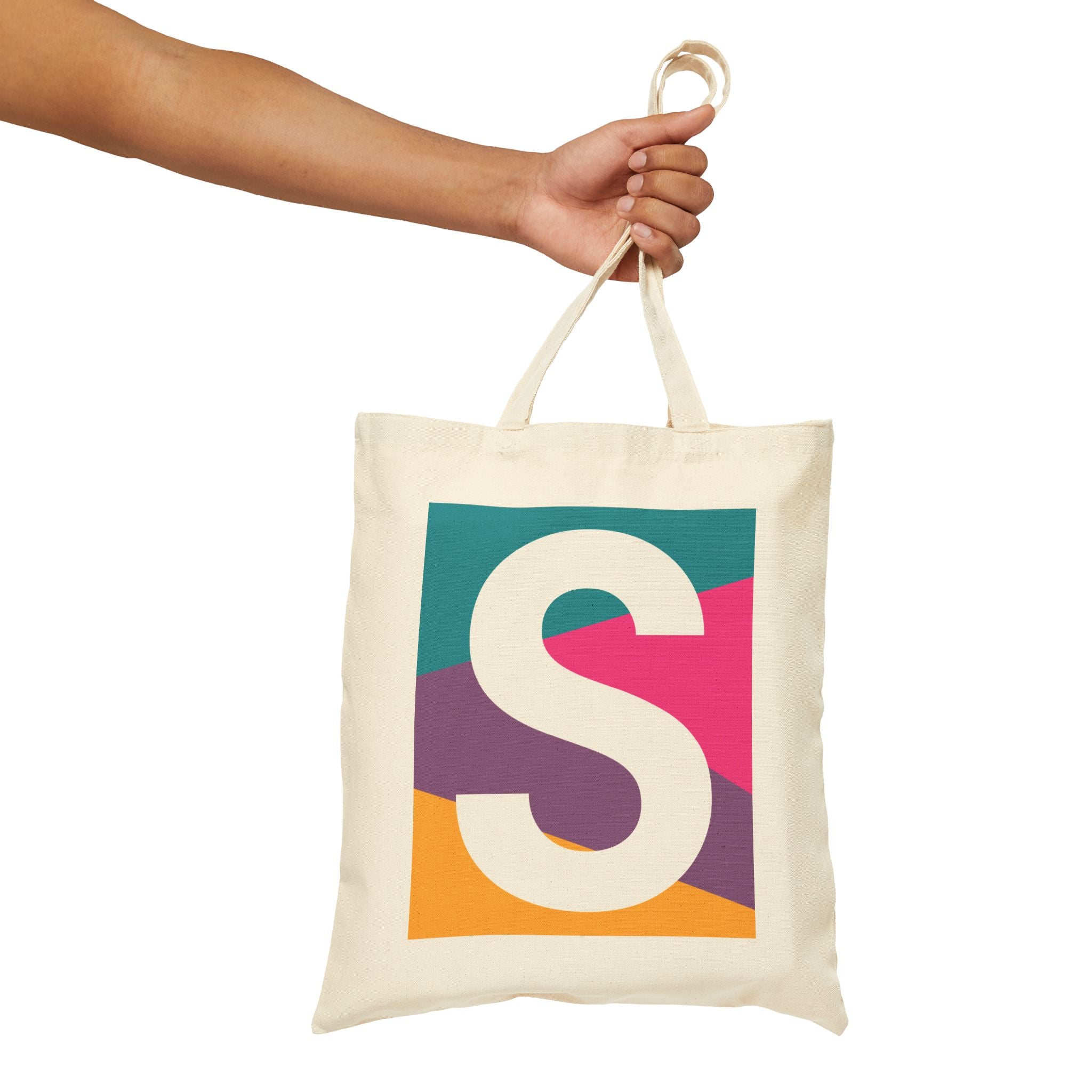 Initial S Colorblock Canvas Tote Bag — Monogram Letter S Reusable Grocery Tote