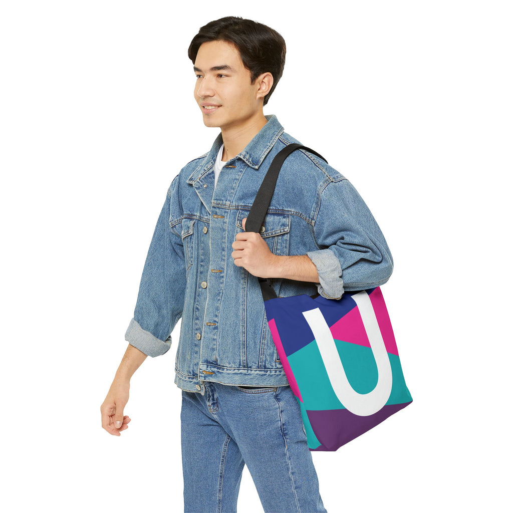 Initial Letter 'U' Colorblock Adjustable Tote Bag — Monogram Alphabet Shoulder Bag