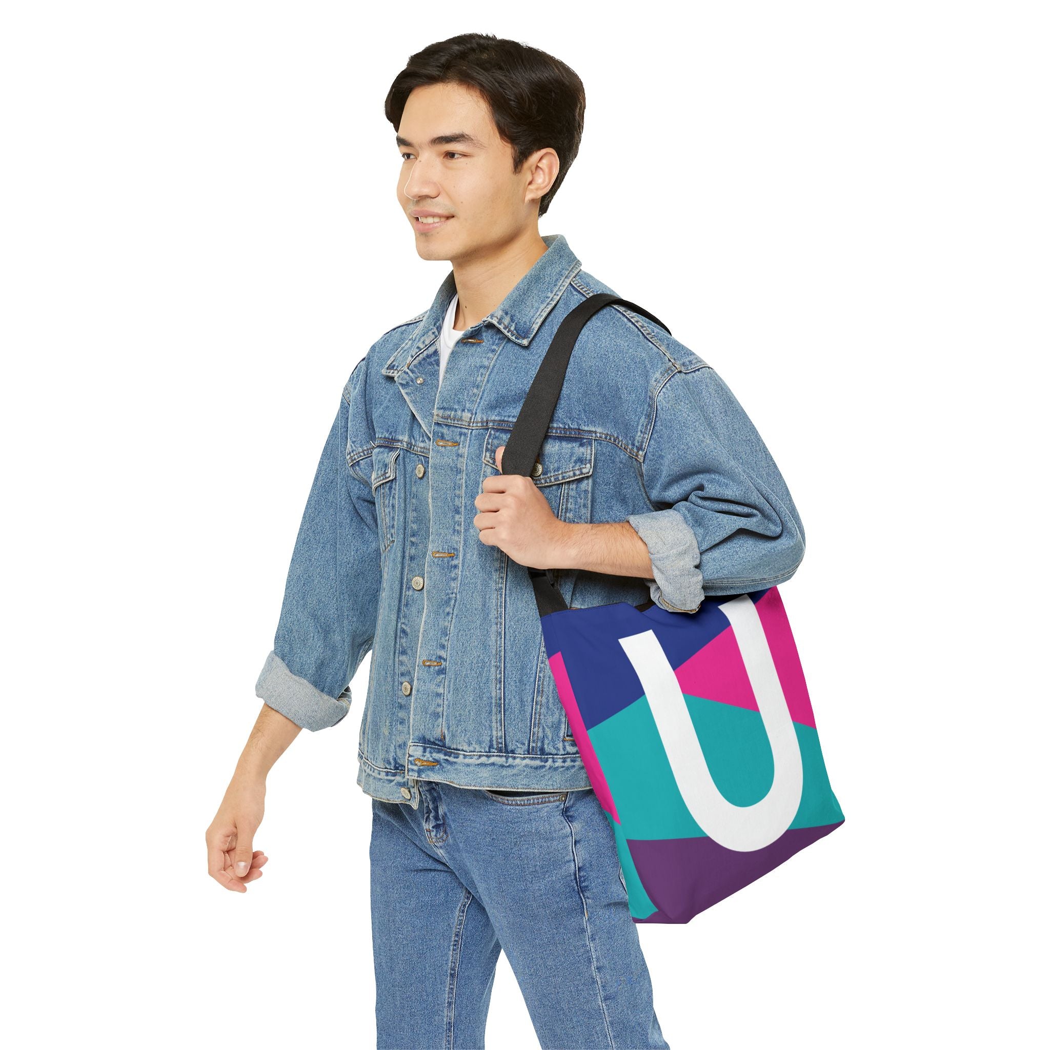Initial Letter 'U' Colorblock Adjustable Tote Bag — Monogram Alphabet Shoulder Bag
