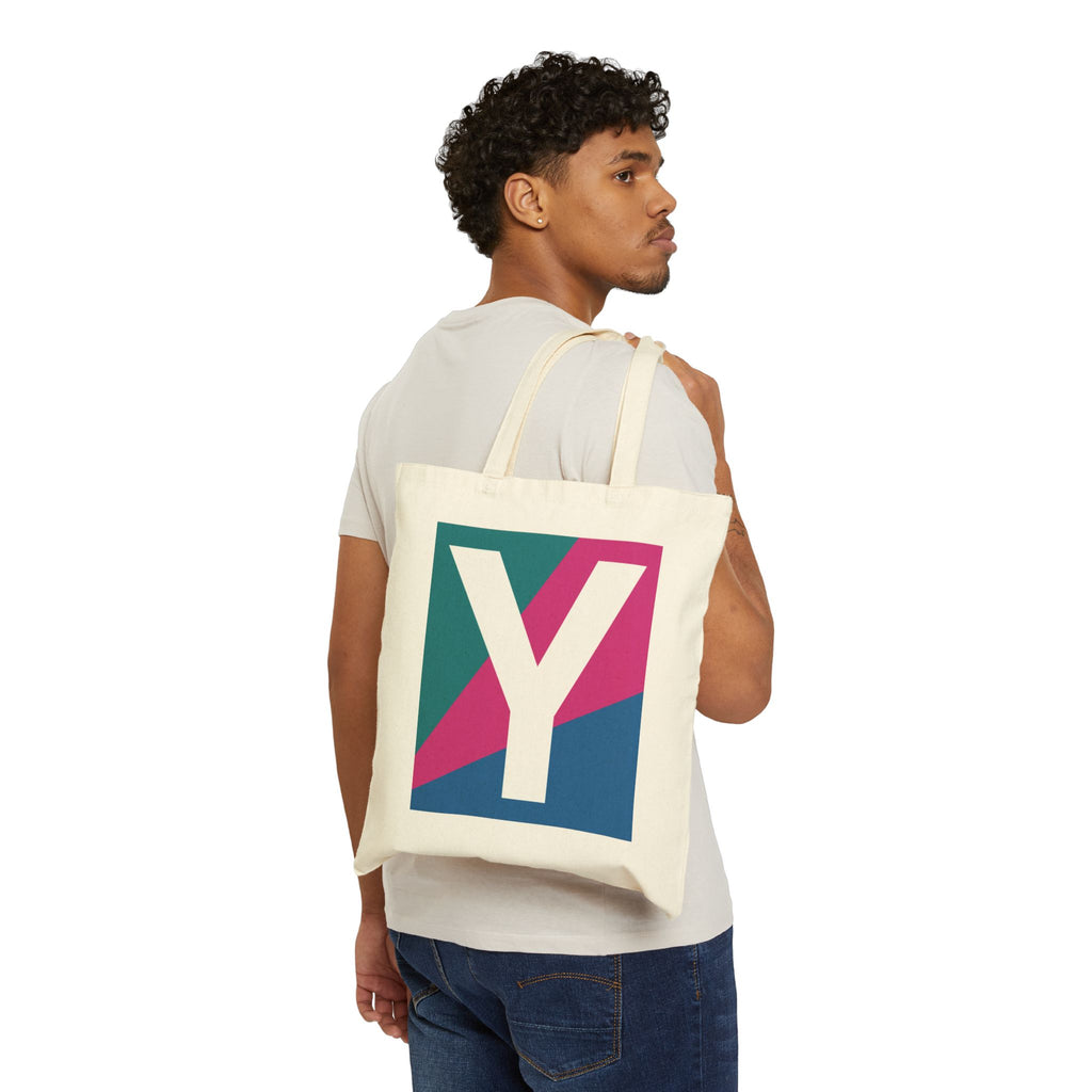 Initial Y Colorblock Canvas Tote Bag — Monogram Letter Y Reusable Grocery Tote