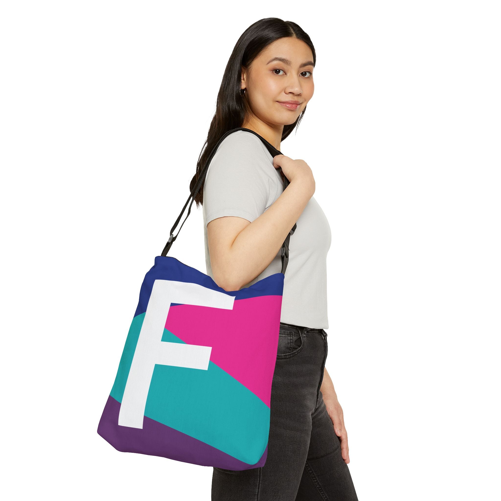 Initial Letter 'F' Colorblock Adjustable Tote Bag — Monogram Alphabet Shoulder Bag