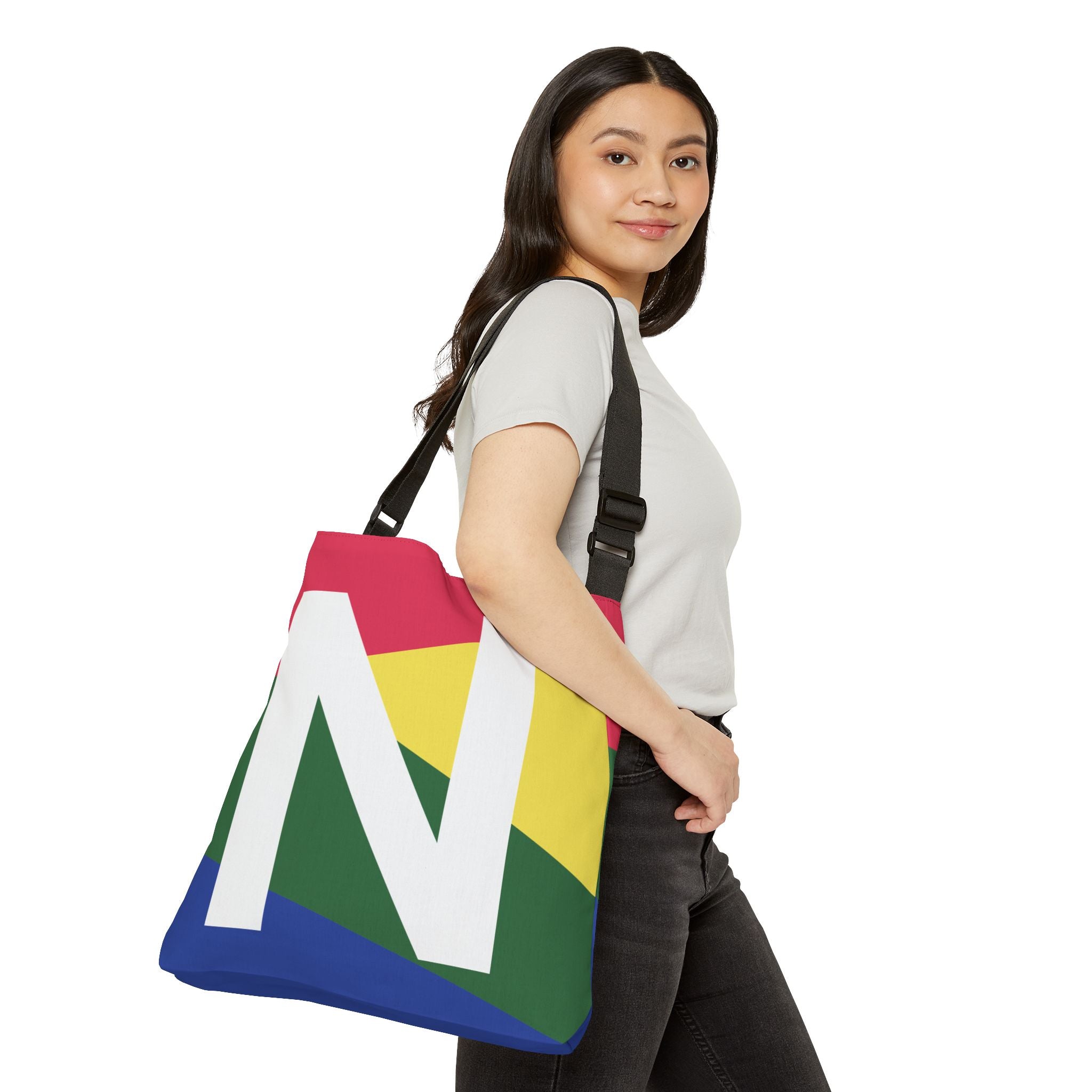 Initial Letter 'N' Colorblock Adjustable Tote Bag — Monogram Alphabet Shoulder Bag