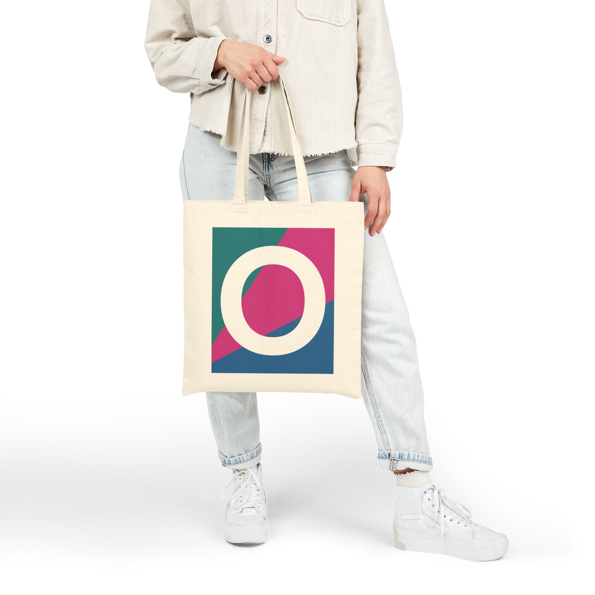 Initial O Colorblock Canvas Tote Bag — Monogram Letter O Reusable Grocery Tote