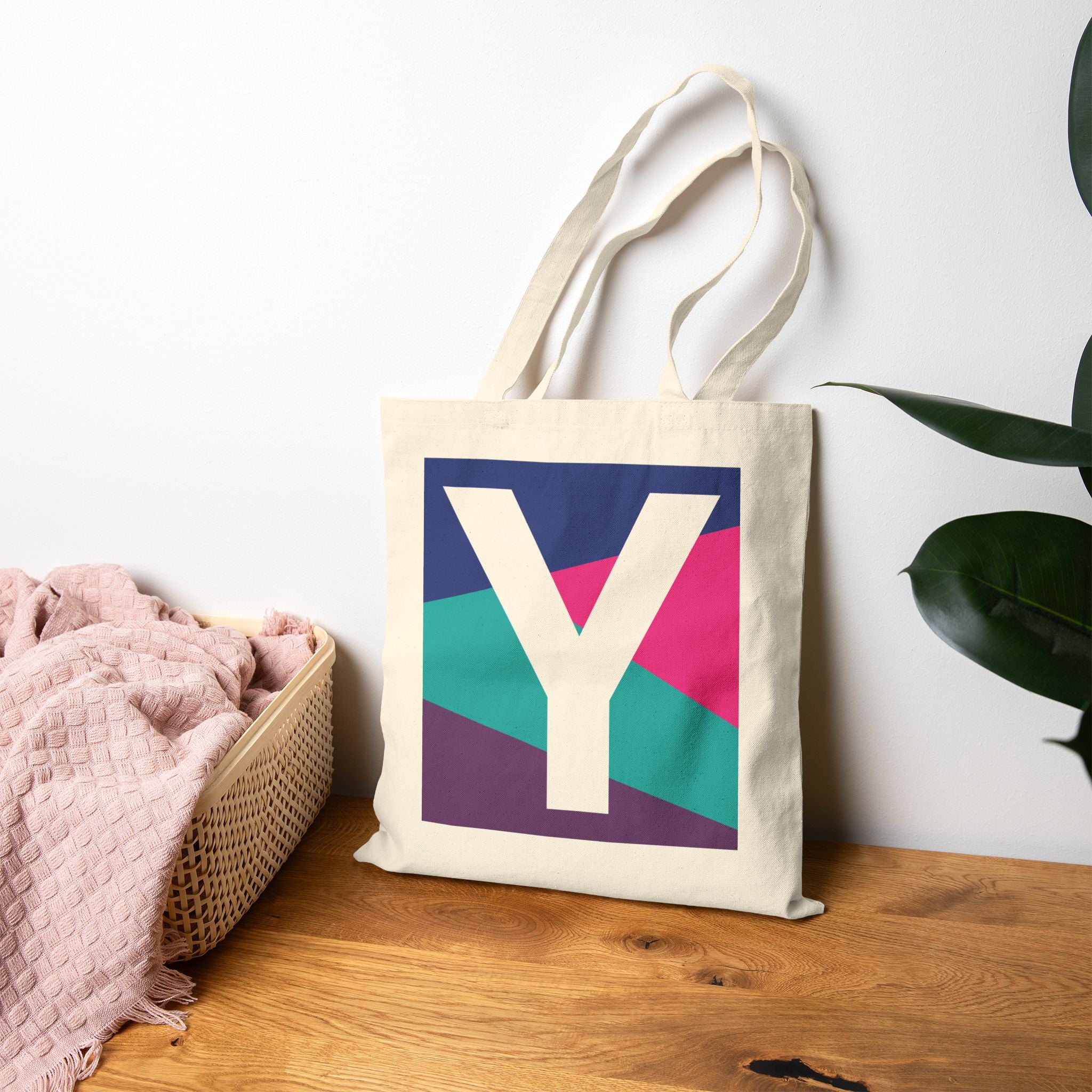 Initial Y Colorblock Canvas Tote Bag — Monogram Letter Y Reusable Grocery Tote