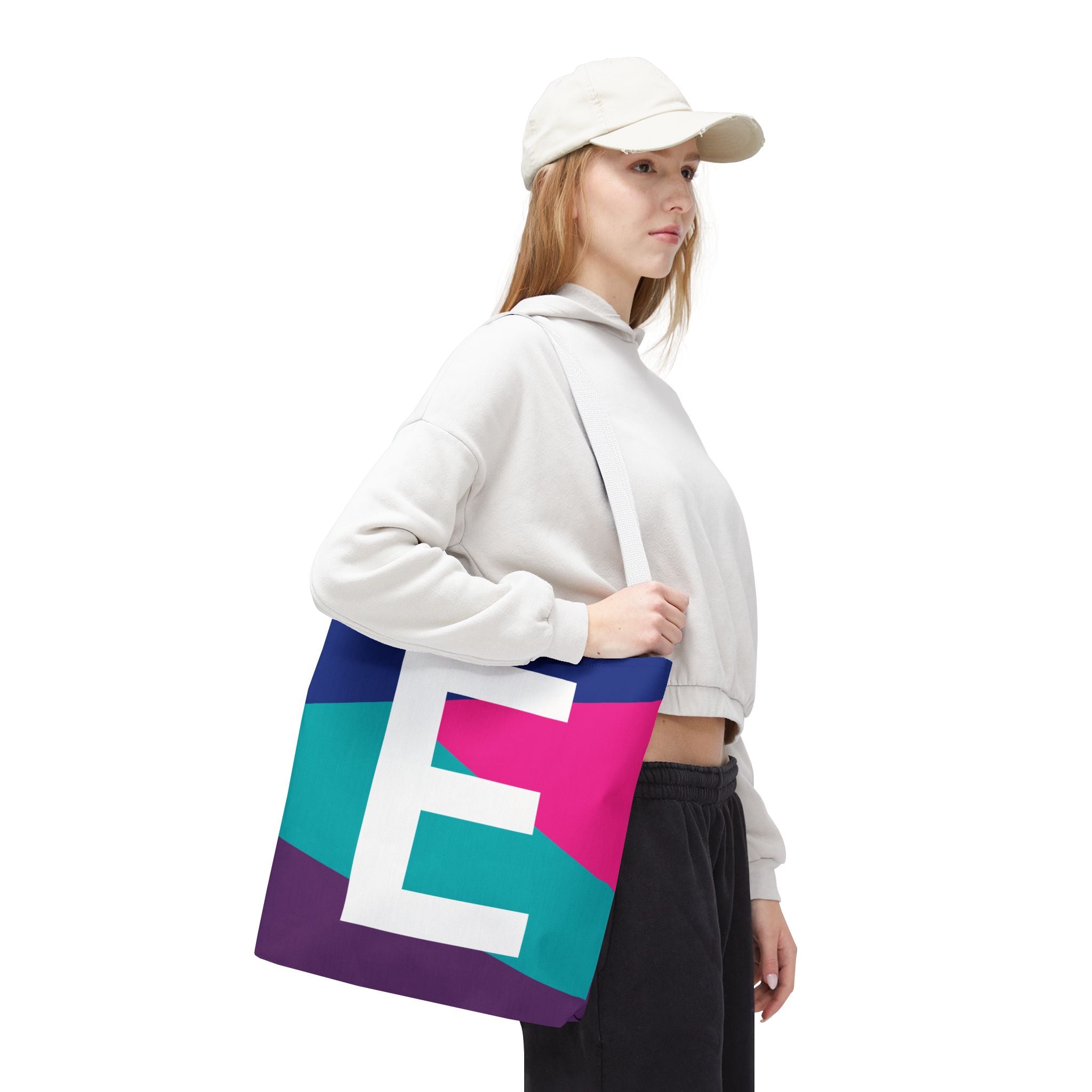 Monogram 'E' Colorblock Tote Bag — Personalized Initial E Shoulder Tote