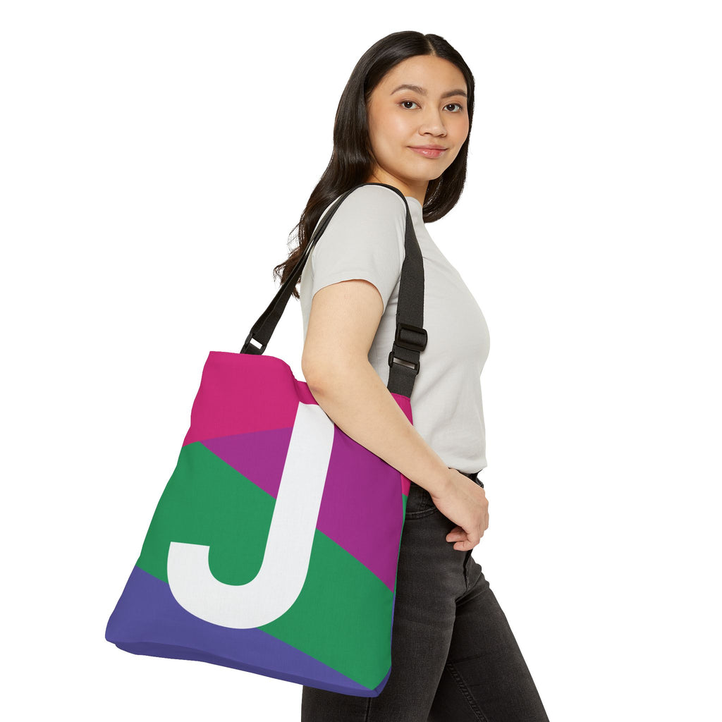 Initial Letter 'J' Colorblock Adjustable Tote Bag — Monogram Alphabet Shoulder Bag