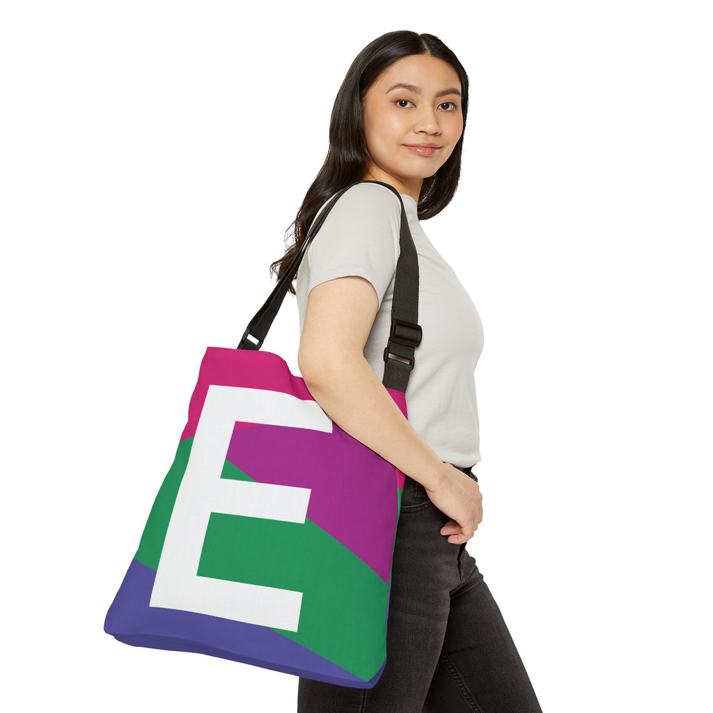 Initial Letter 'E' Colorblock Adjustable Tote Bag — Monogram Alphabet Shoulder Bag