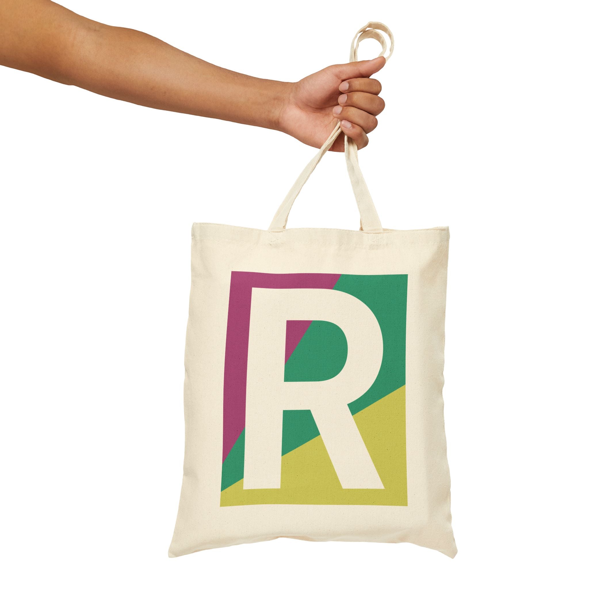 Initial R Colorblock Canvas Tote Bag — Monogram Letter R Reusable Grocery Tote