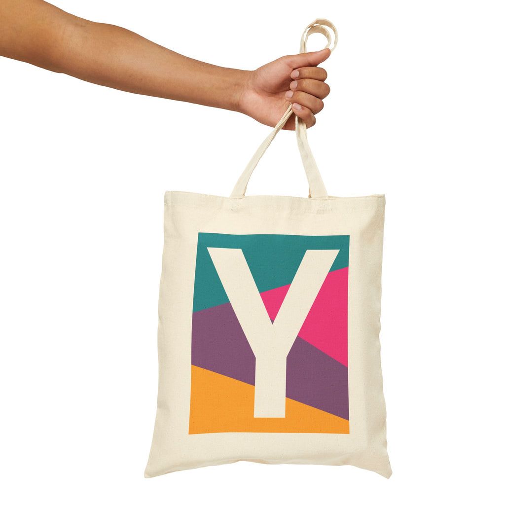 Initial Y Colorblock Canvas Tote Bag — Monogram Letter Y Reusable Grocery Tote