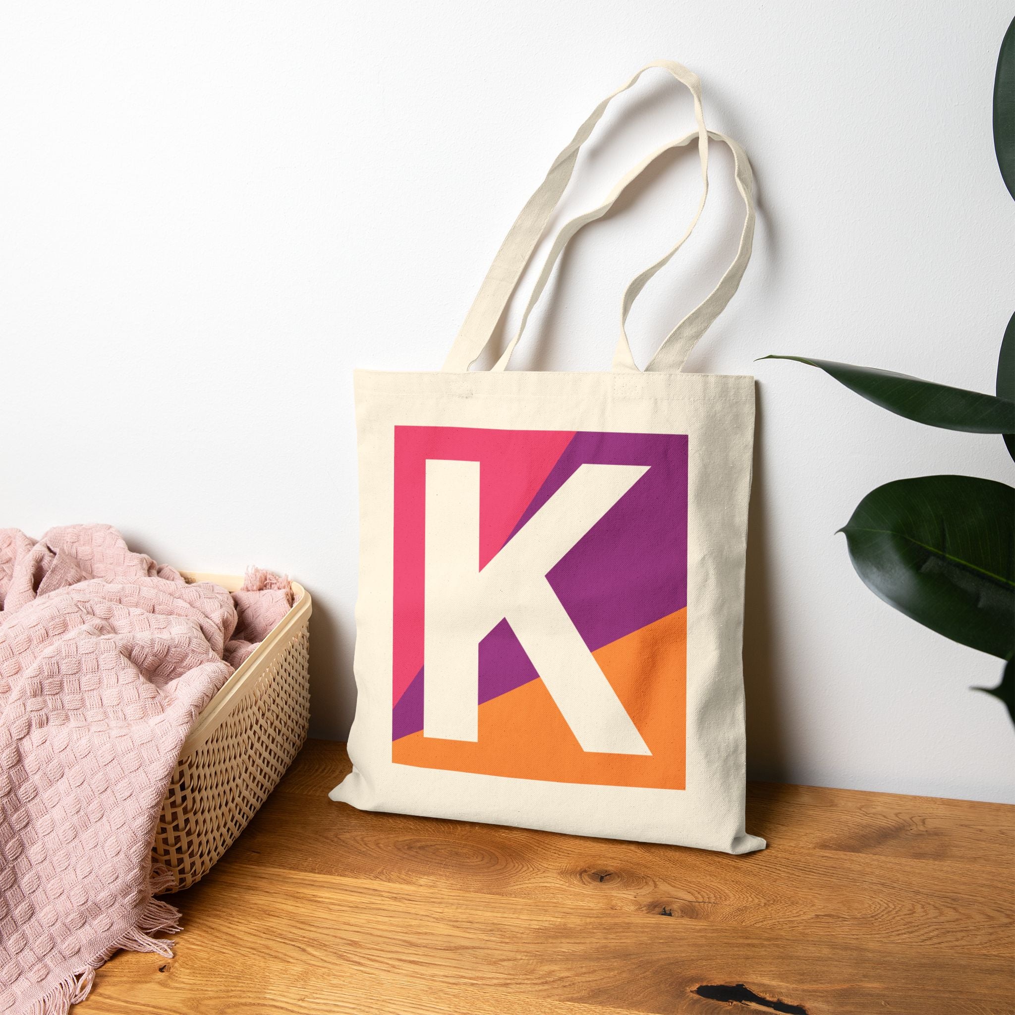 Initial K Colorblock Canvas Tote Bag — Monogram Letter K Reusable Grocery Tote