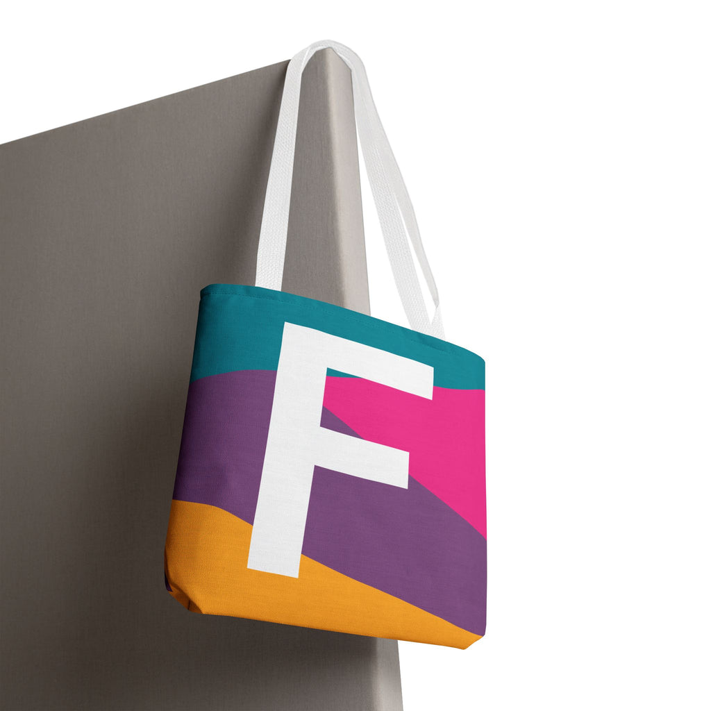 Monogram 'F' Colorblock Tote Bag — Personalized Initial F Shoulder Tote