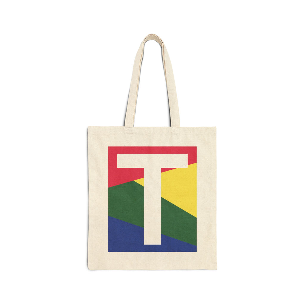 Initial T Colorblock Canvas Tote Bag — Monogram Letter T Reusable Grocery Tote