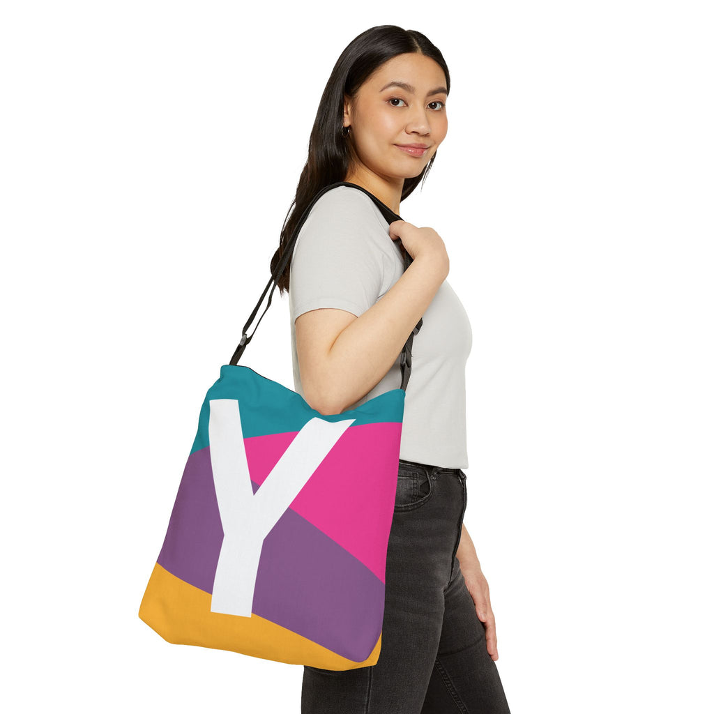 Initial Letter 'Y' Colorblock Adjustable Tote Bag — Monogram Alphabet Shoulder Bag