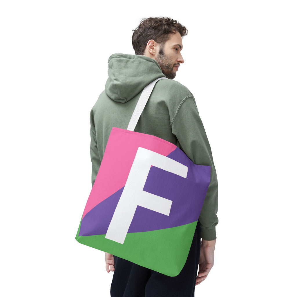Monogram 'F' Colorblock Tote Bag — Personalized Initial F Shoulder Tote