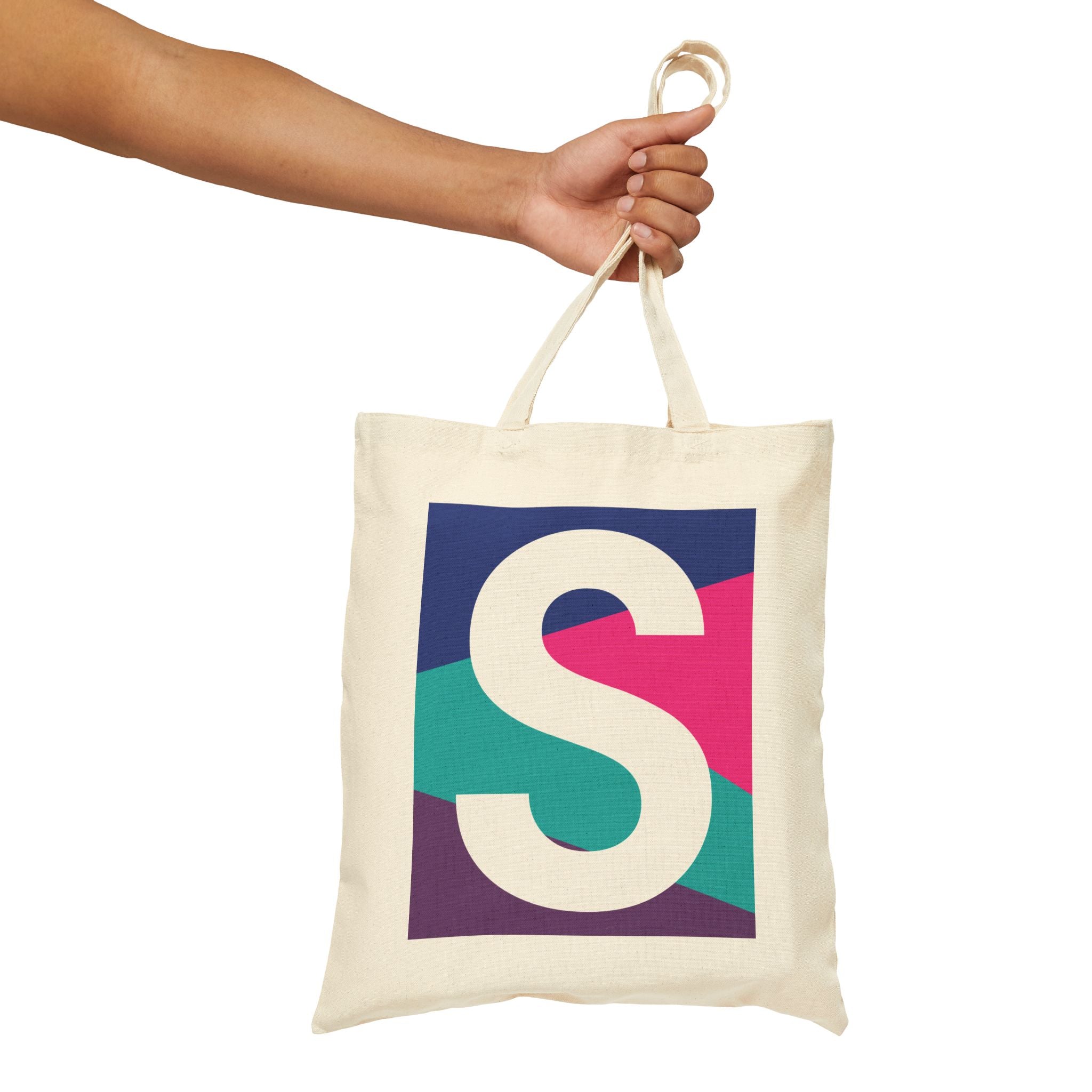 Initial S Colorblock Canvas Tote Bag — Monogram Letter S Reusable Grocery Tote