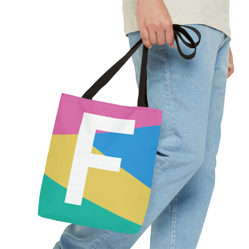 Monogram 'F' Colorblock Tote Bag — Personalized Initial F Shoulder Tote