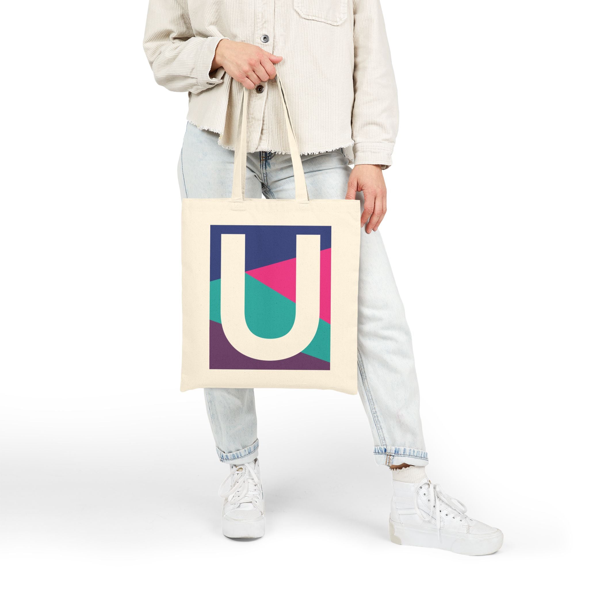 Initial U Colorblock Canvas Tote Bag — Monogram Letter U Reusable Grocery Tote