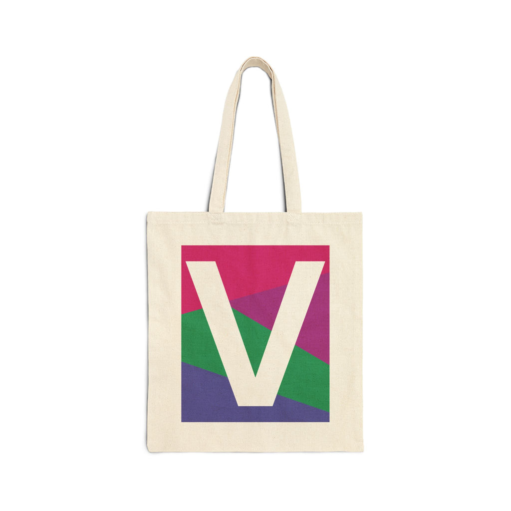Initial V Colorblock Canvas Tote Bag — Monogram Letter V Reusable Grocery Tote