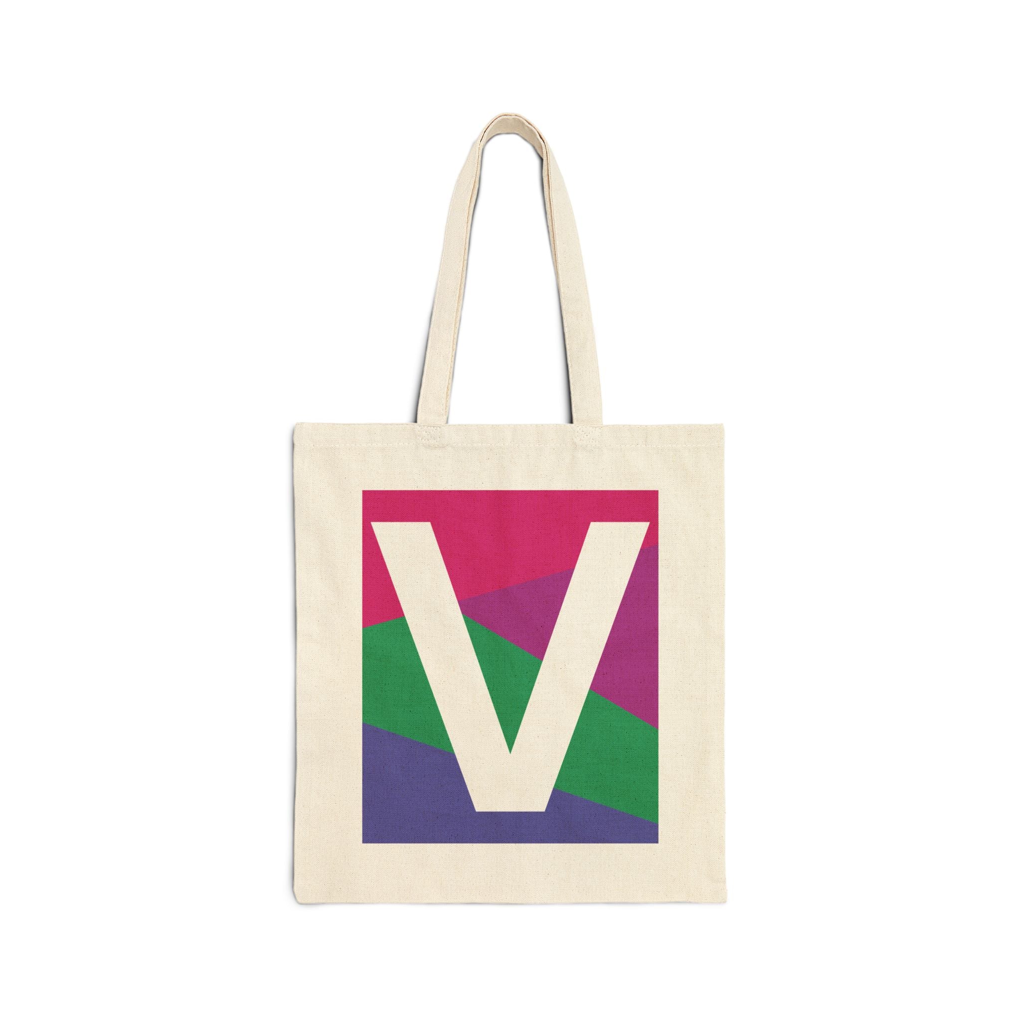 Initial V Colorblock Canvas Tote Bag — Monogram Letter V Reusable Grocery Tote