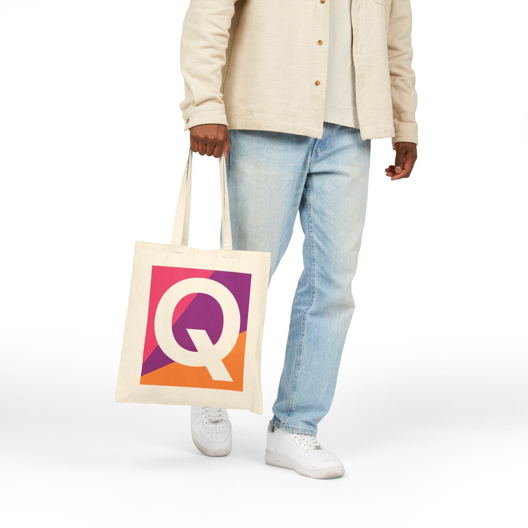 Initial Q Colorblock Canvas Tote Bag — Monogram Letter Q Reusable Grocery Tote