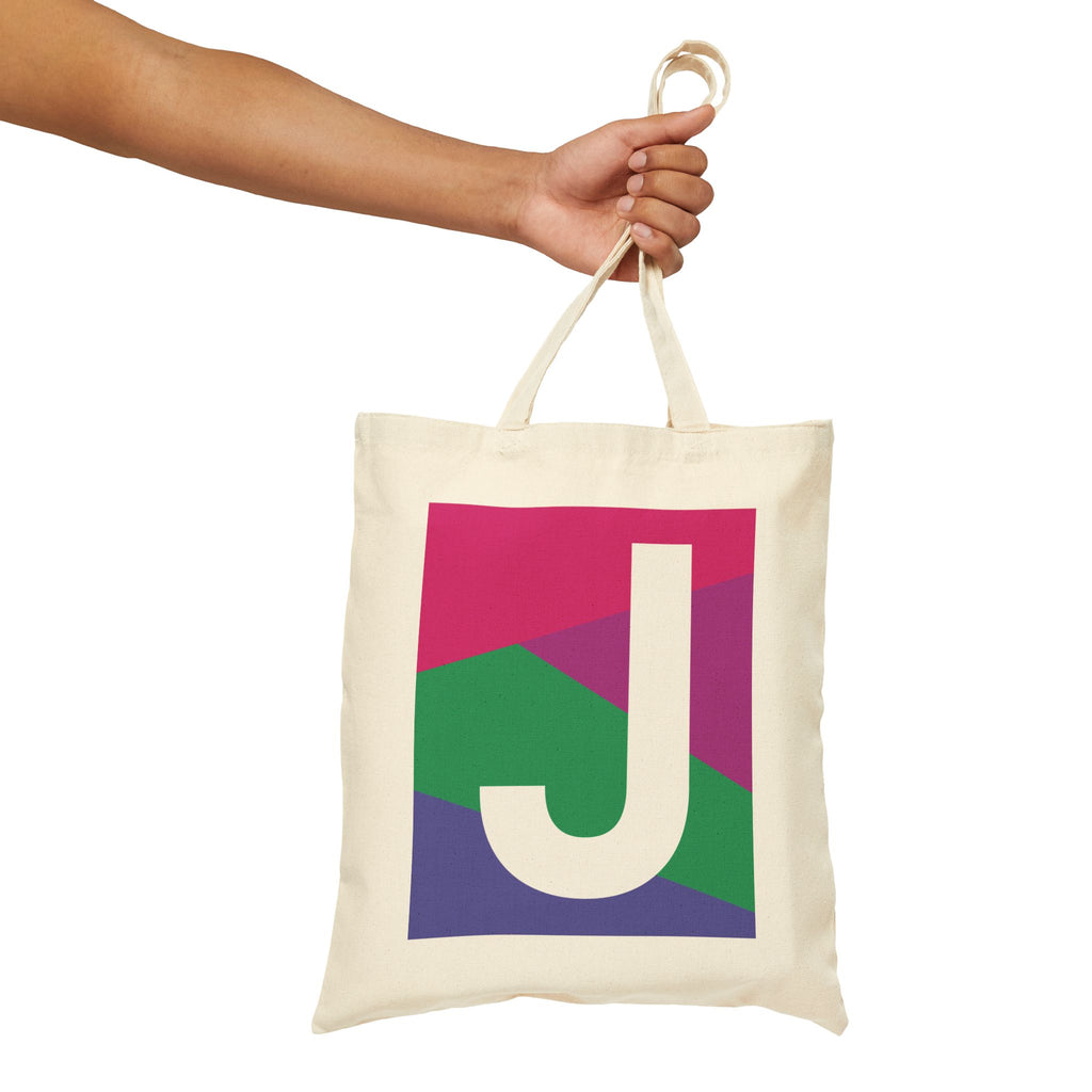 Initial J Colorblock Canvas Tote Bag — Monogram Letter J Reusable Grocery Tote