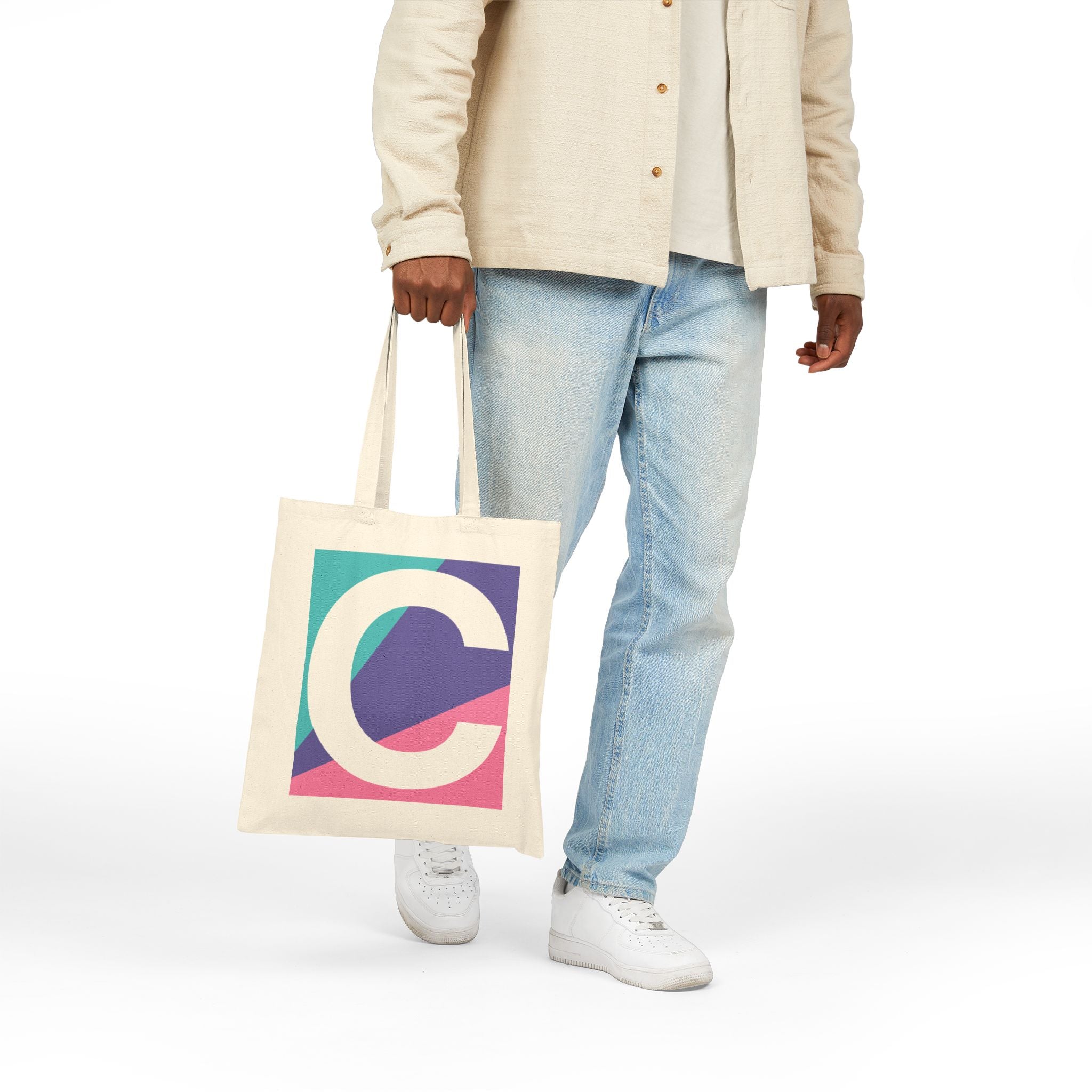 Initial C Colorblock Canvas Tote Bag — Monogram Letter C Reusable Grocery Tote