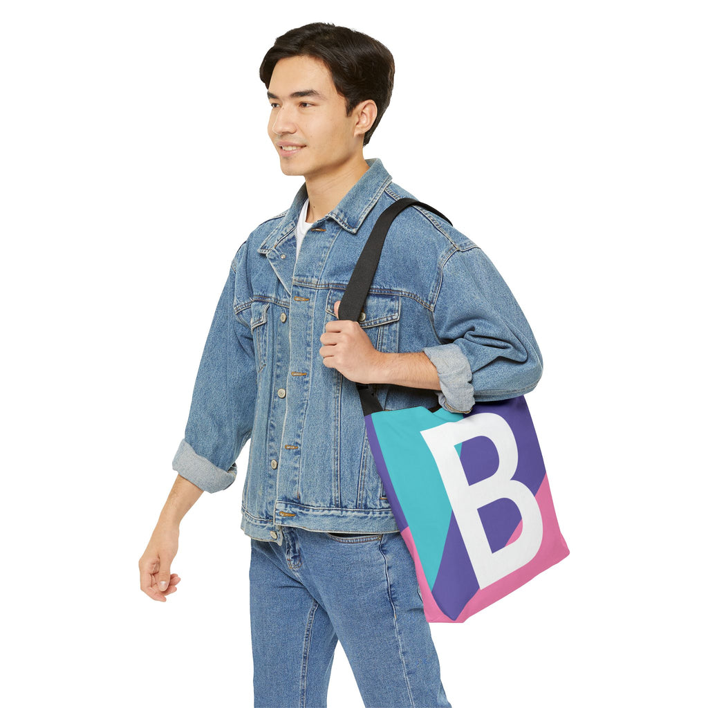 Initial Letter 'B' Colorblock Adjustable Tote Bag — Monogram Alphabet Shoulder Bag