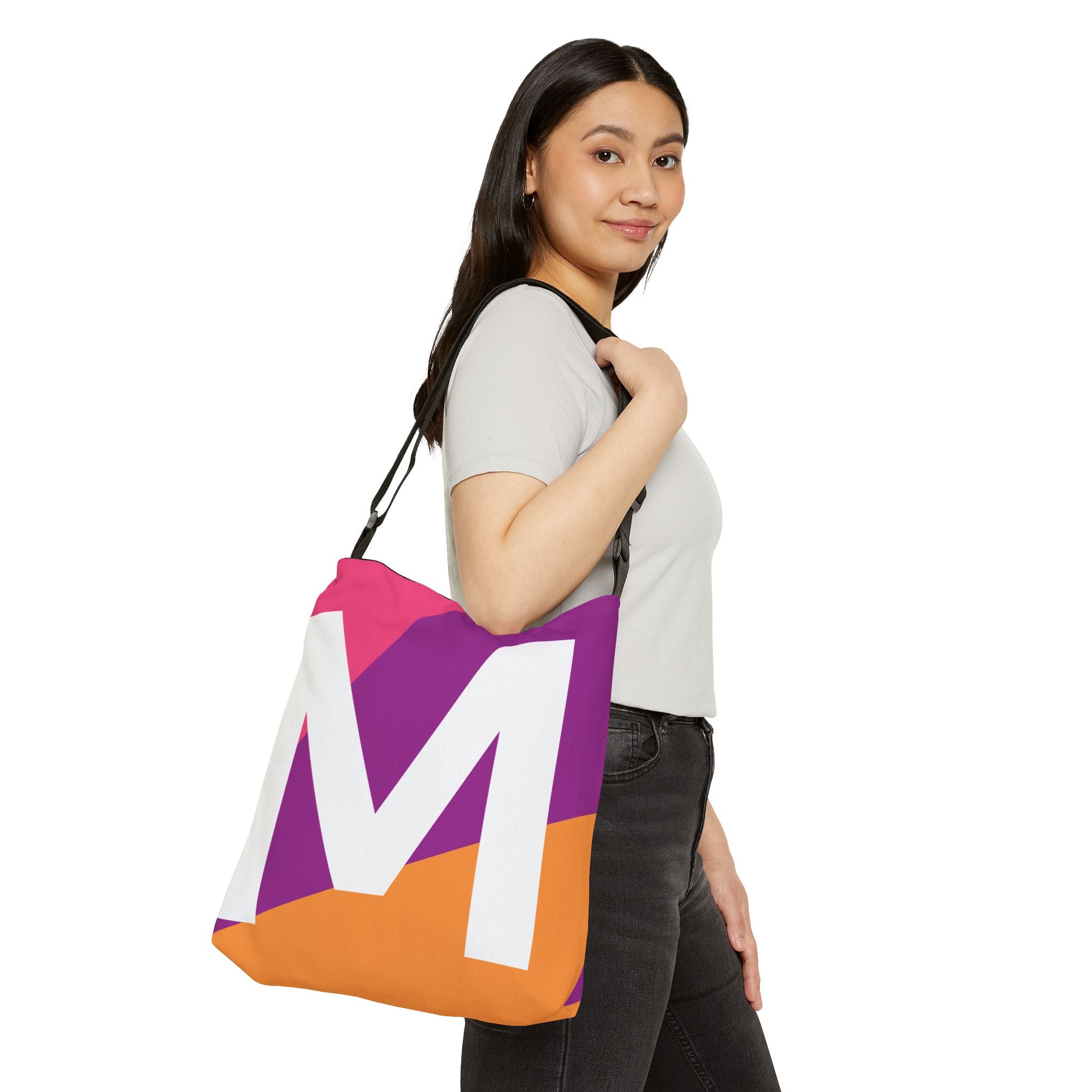 Initial Letter 'M' Colorblock Adjustable Tote Bag — Monogram Alphabet Shoulder Bag