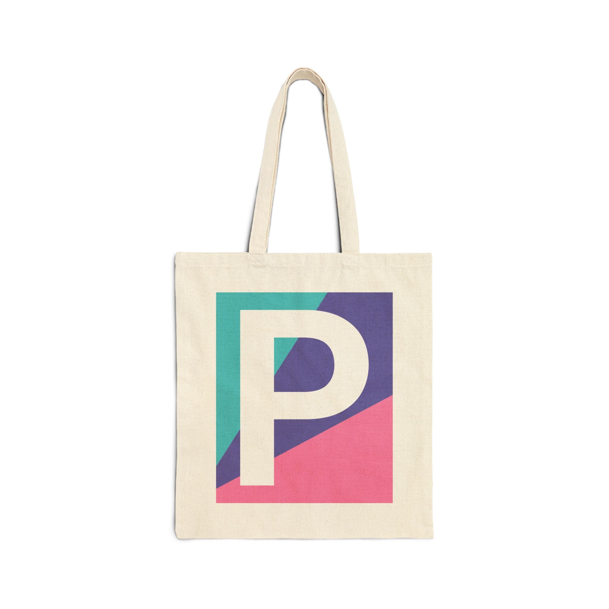 Initial P Colorblock Canvas Tote Bag — Monogram Letter P Reusable Grocery Tote