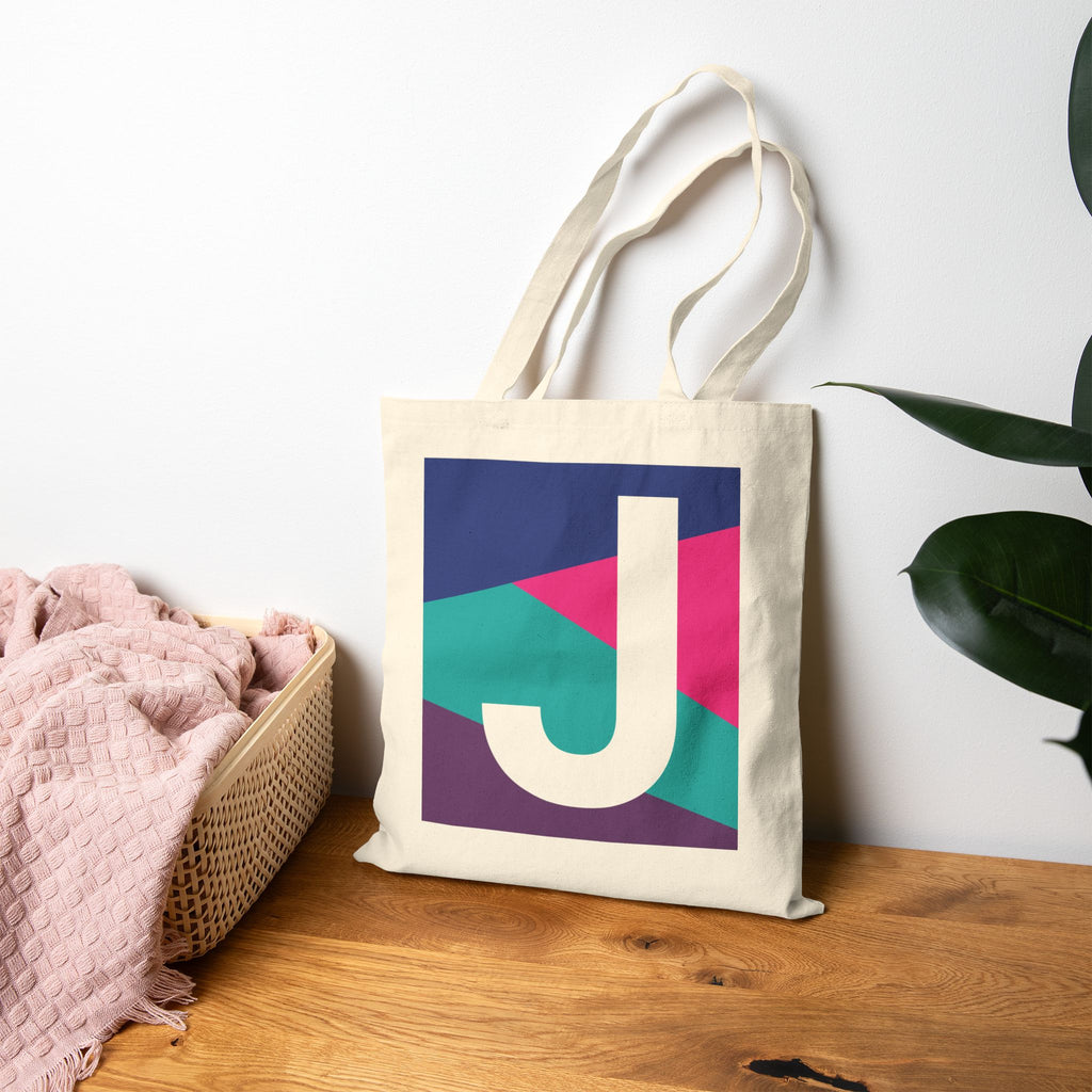 Initial J Colorblock Canvas Tote Bag — Monogram Letter J Reusable Grocery Tote