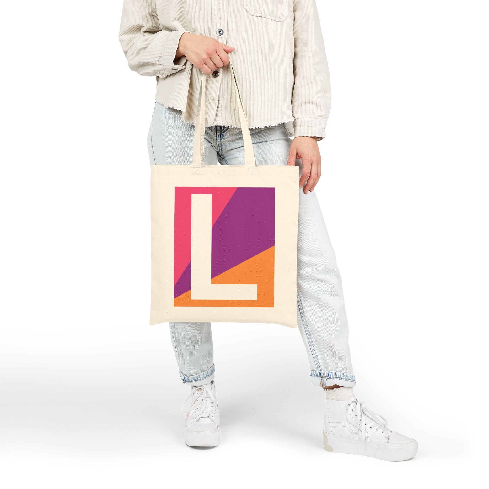 Initial L Colorblock Canvas Tote Bag — Monogram Letter L Reusable Grocery Tote