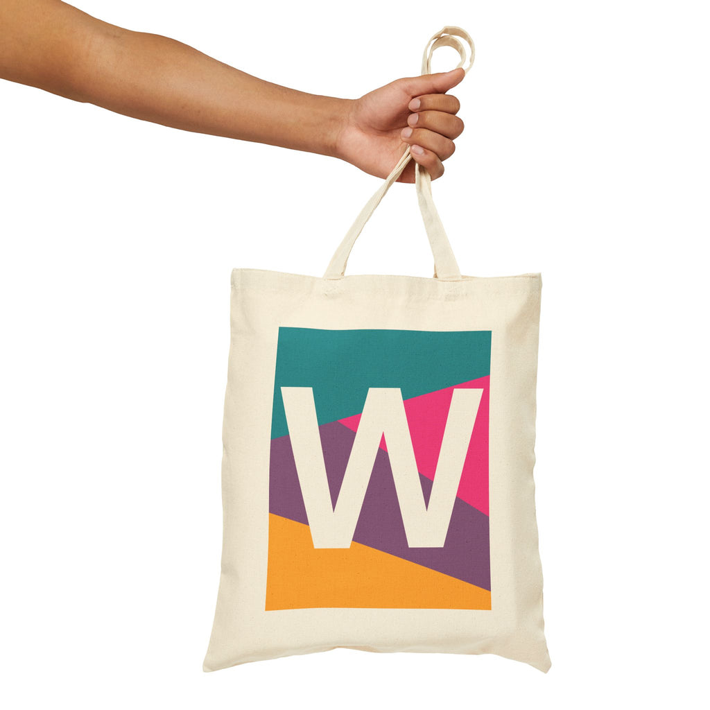 Initial W Colorblock Canvas Tote Bag — Monogram Letter W Reusable Grocery Tote