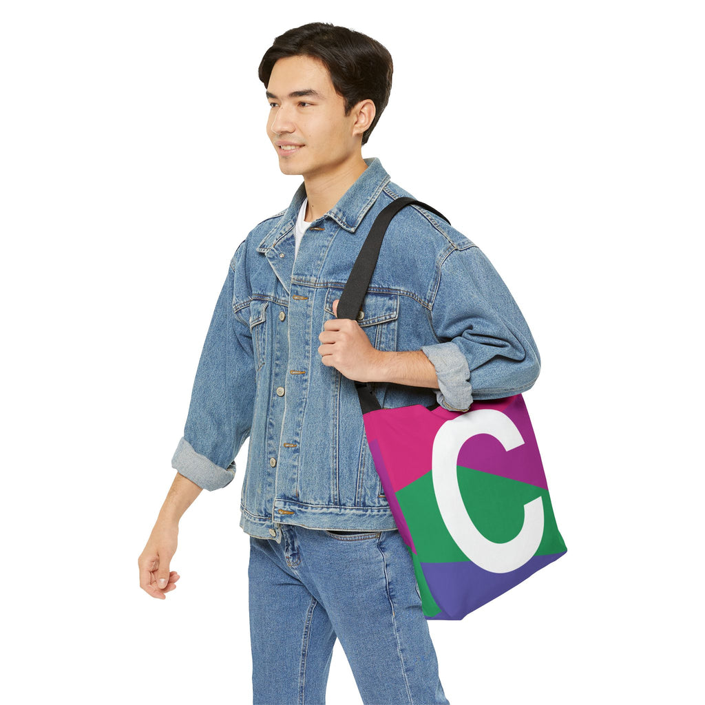 Initial Letter 'C' Colorblock Adjustable Tote Bag — Monogram Alphabet Shoulder Bag