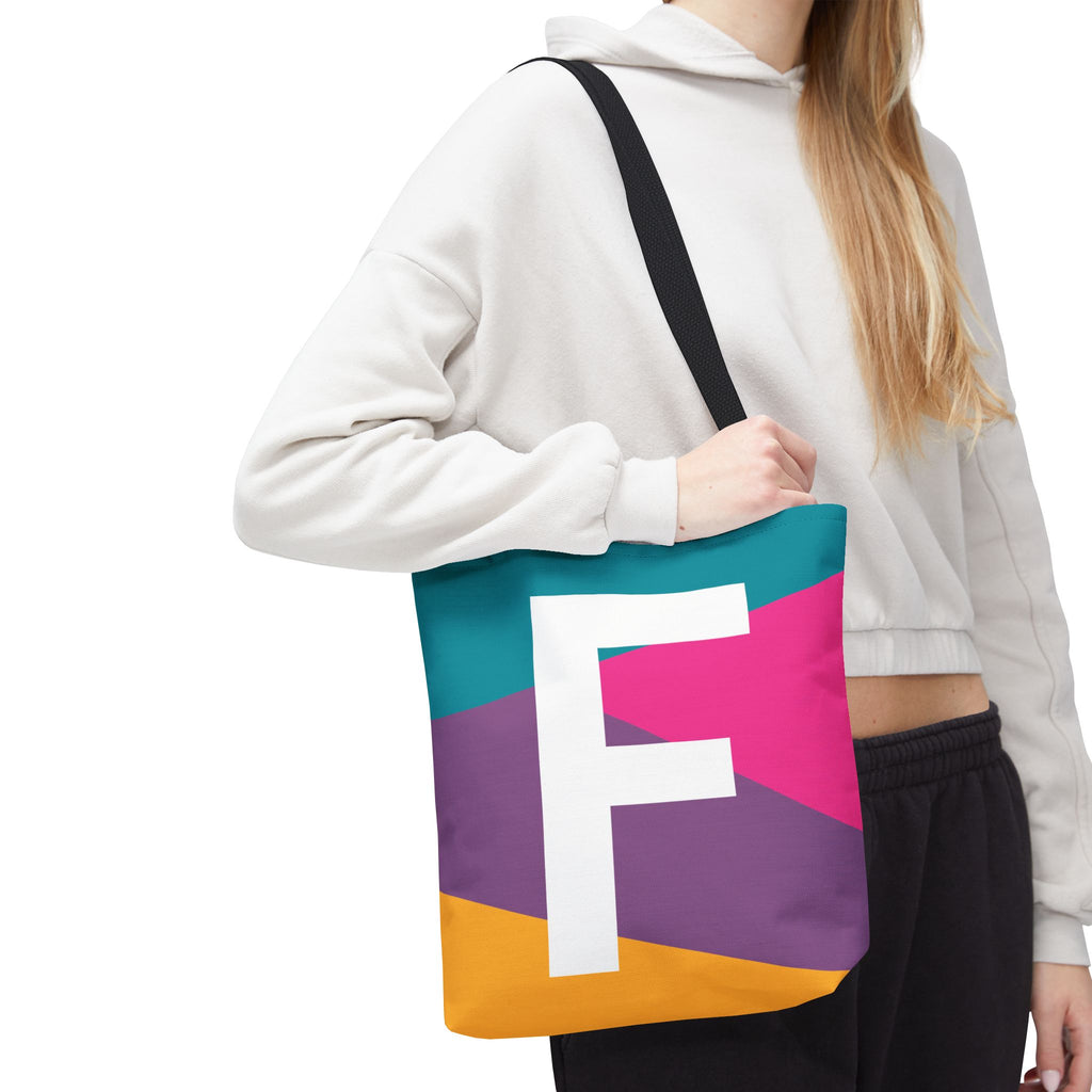 Monogram 'F' Colorblock Tote Bag — Personalized Initial F Shoulder Tote