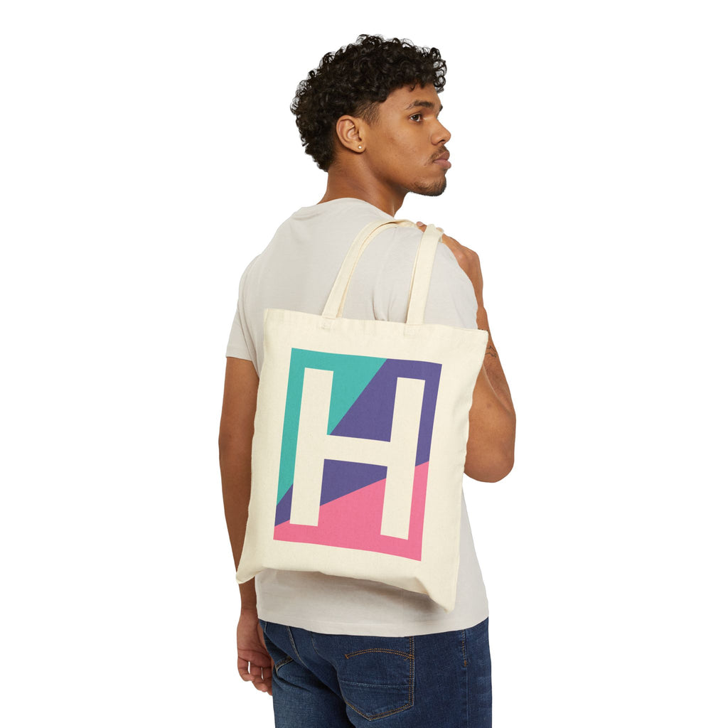 Initial H Colorblock Canvas Tote Bag — Monogram Letter H Reusable Grocery Tote