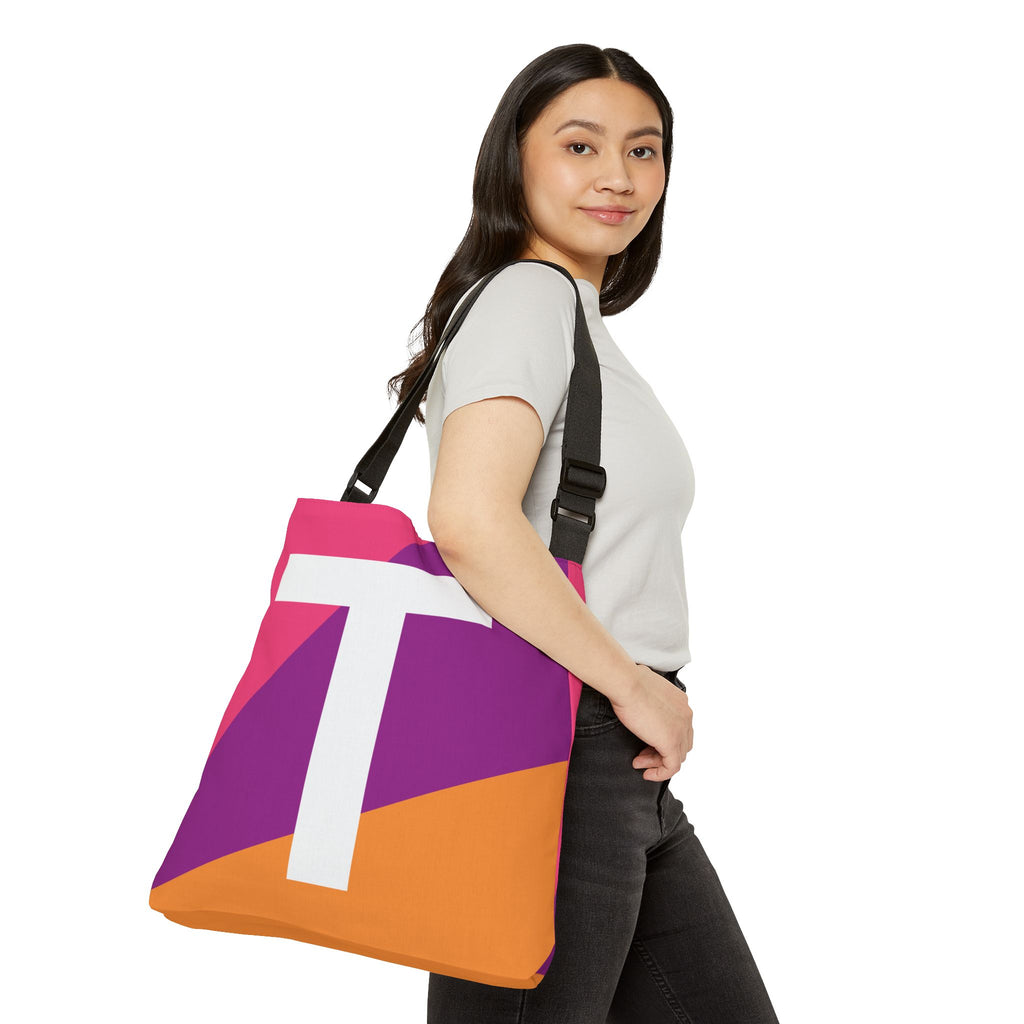 Initial Letter 'T' Colorblock Adjustable Tote Bag — Monogram Alphabet Shoulder Bag