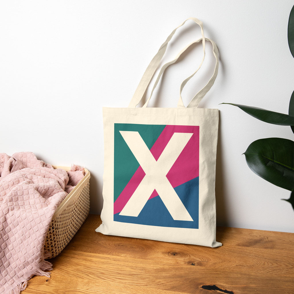 Initial X Colorblock Canvas Tote Bag — Monogram Letter X Reusable Grocery Tote